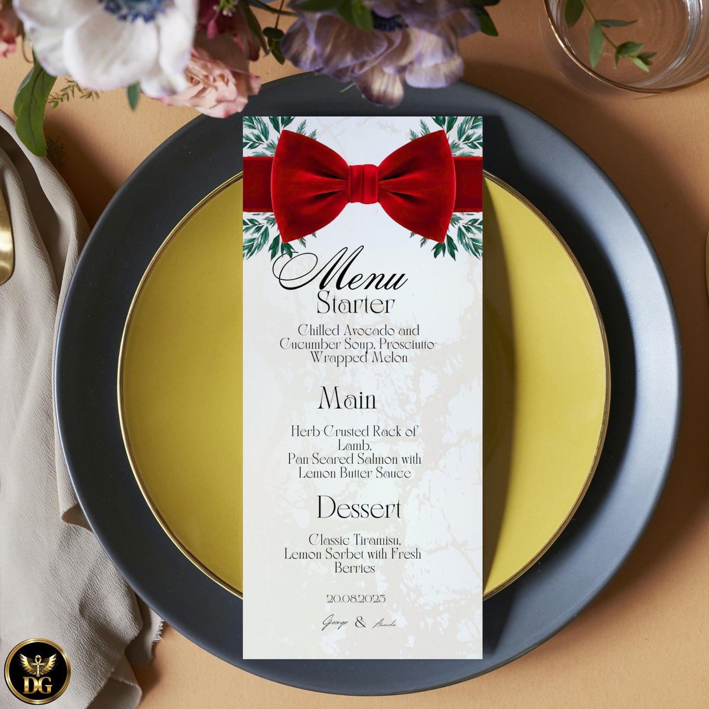 Luxe Velvet Wedding Invitation Suite – Elegant Winter Wedding Templates with Cream-Gold Glow, Red Bow & Evergreen Accents