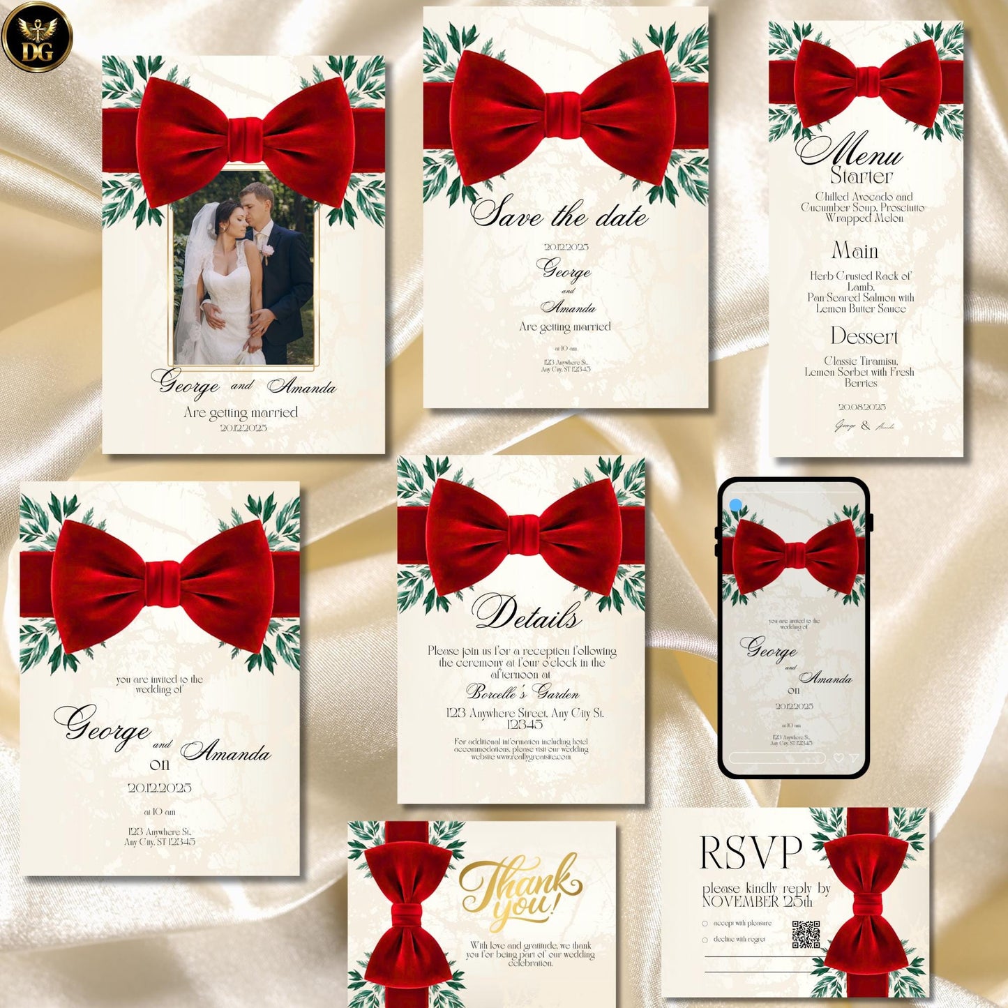 Luxe Velvet Wedding Invitation Suite – Elegant Winter Wedding Templates with Cream-Gold Glow, Red Bow & Evergreen Accents