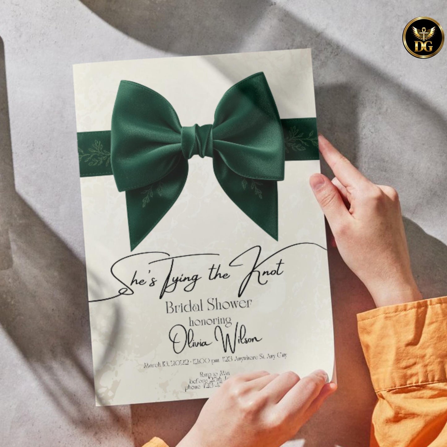 She’s Tying the Knot Bridal Shower Invitation | Emerald Green Velvet Bow | Cream Gold Elegant Design | Printable & Digital Invite
