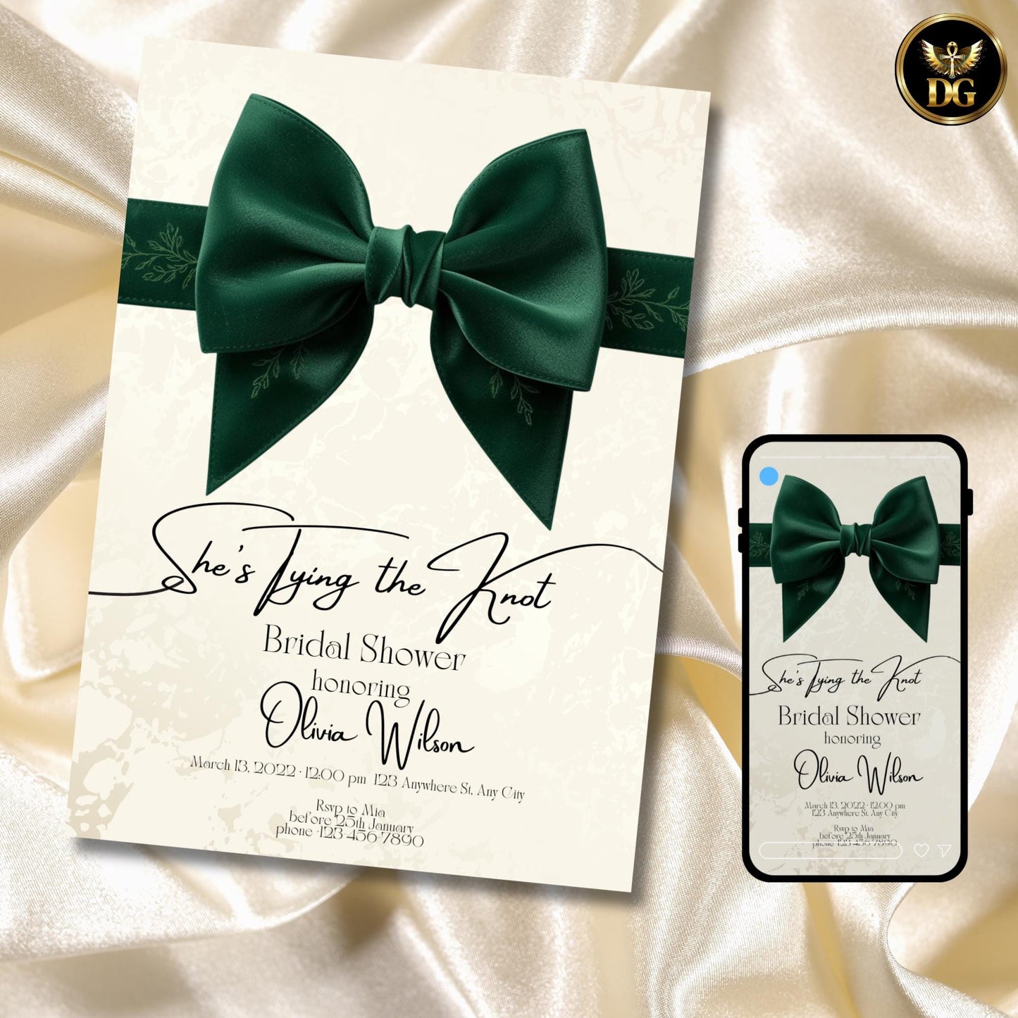 She’s Tying the Knot Bridal Shower Invitation | Emerald Green Velvet Bow | Cream Gold Elegant Design | Printable & Digital Invite