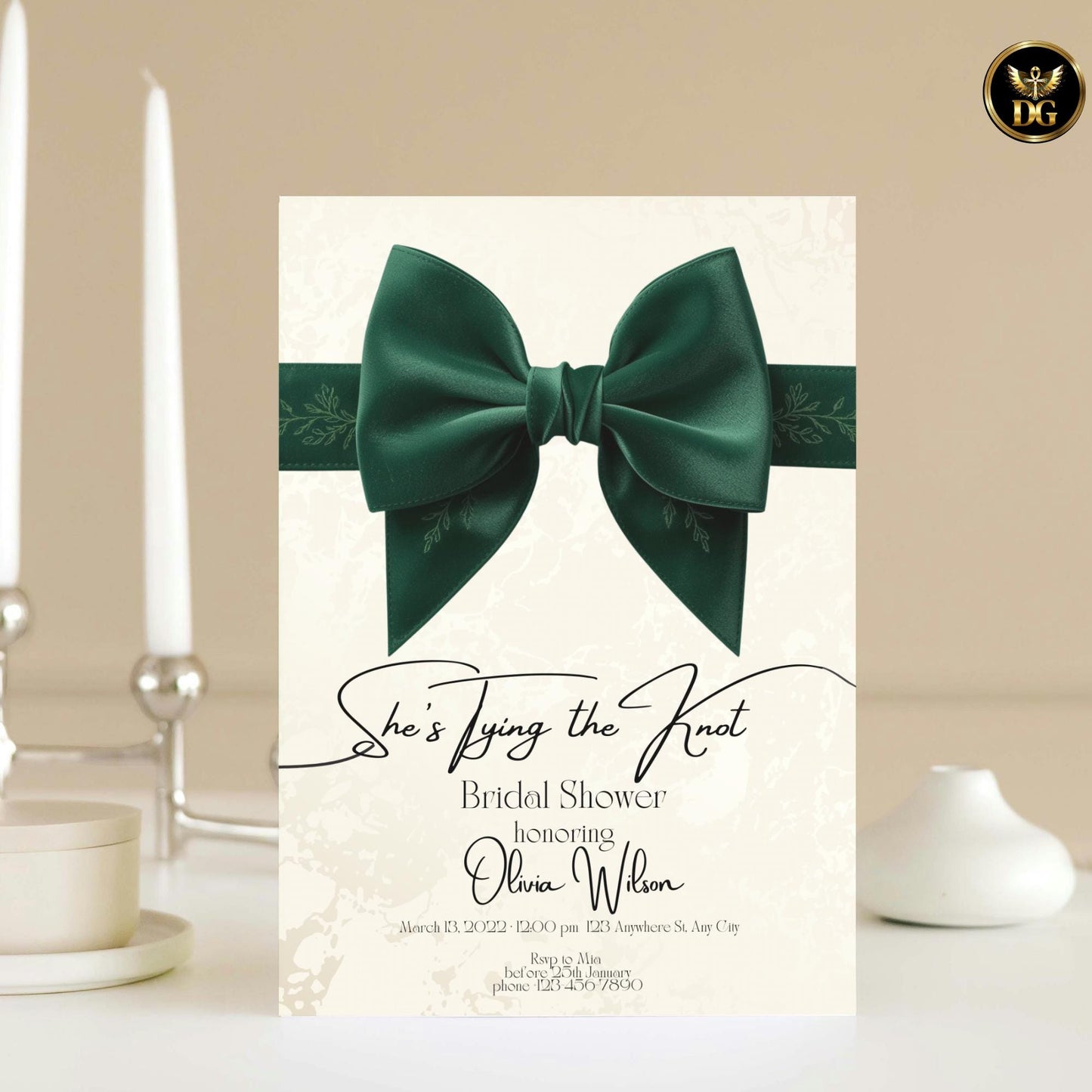 She’s Tying the Knot Bridal Shower Invitation | Emerald Green Velvet Bow | Cream Gold Elegant Design | Printable & Digital Invite