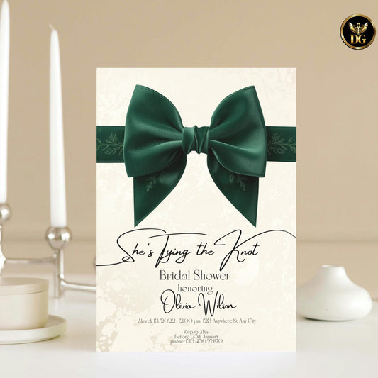 She’s Tying the Knot Bridal Shower Invitation | Emerald Green Velvet Bow | Cream Gold Elegant Design | Printable & Digital Invite