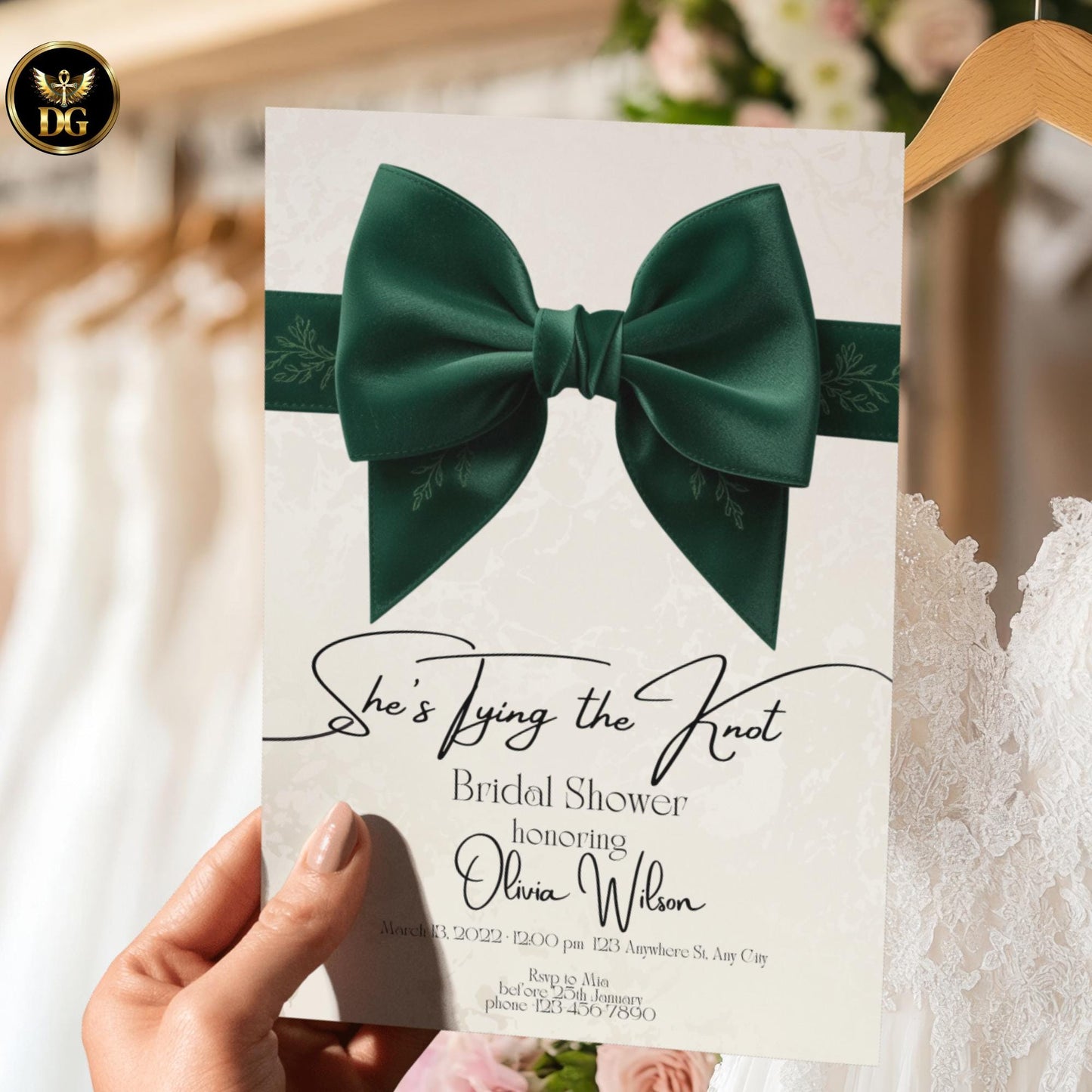 She’s Tying the Knot Bridal Shower Invitation | Emerald Green Velvet Bow | Cream Gold Elegant Design | Printable & Digital Invite