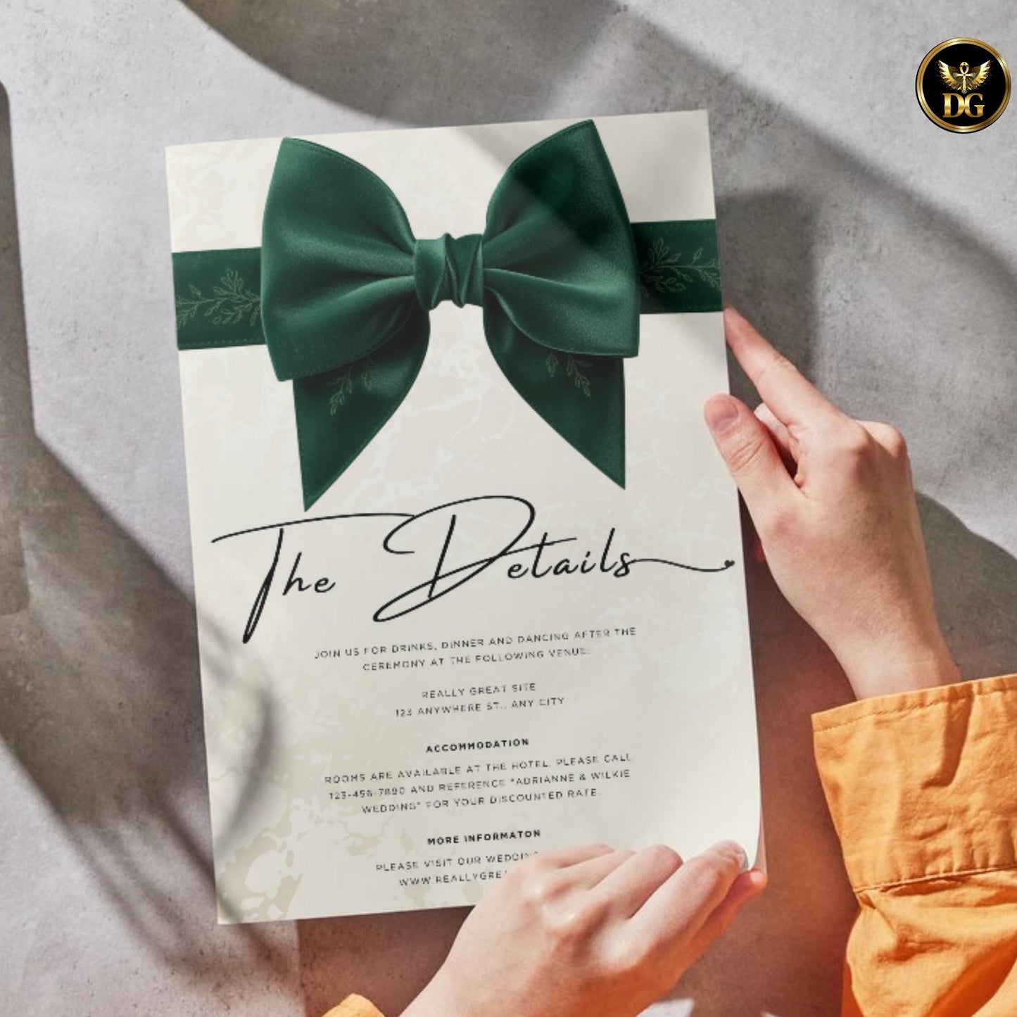 Luxury Wedding Invitation Template | Emerald Green Velvet Bow on Cream Gold | We're Tying the Knot Digital Editable Invite Instant Download