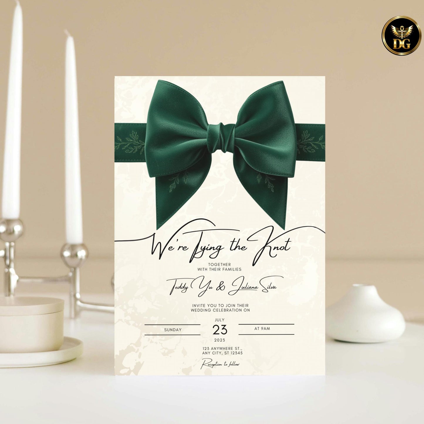 Luxury Wedding Invitation Template | Emerald Green Velvet Bow on Cream Gold | We're Tying the Knot Digital Editable Invite Instant Download
