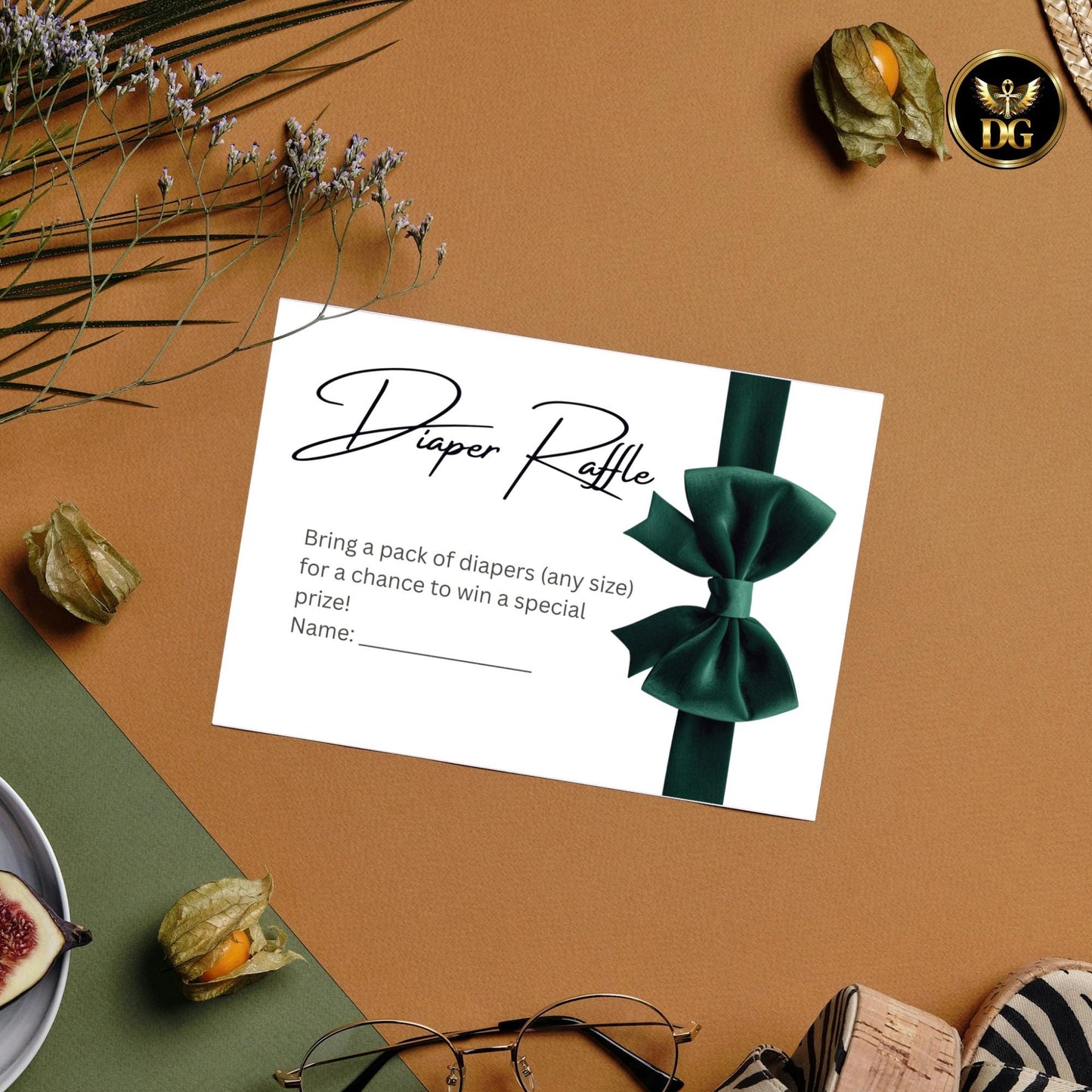 Diaper Reveal Card 3.5x5 | Baby Shower Diaper Raffle Card | White Background Green Velvet Bow | Printable Baby Shower Game