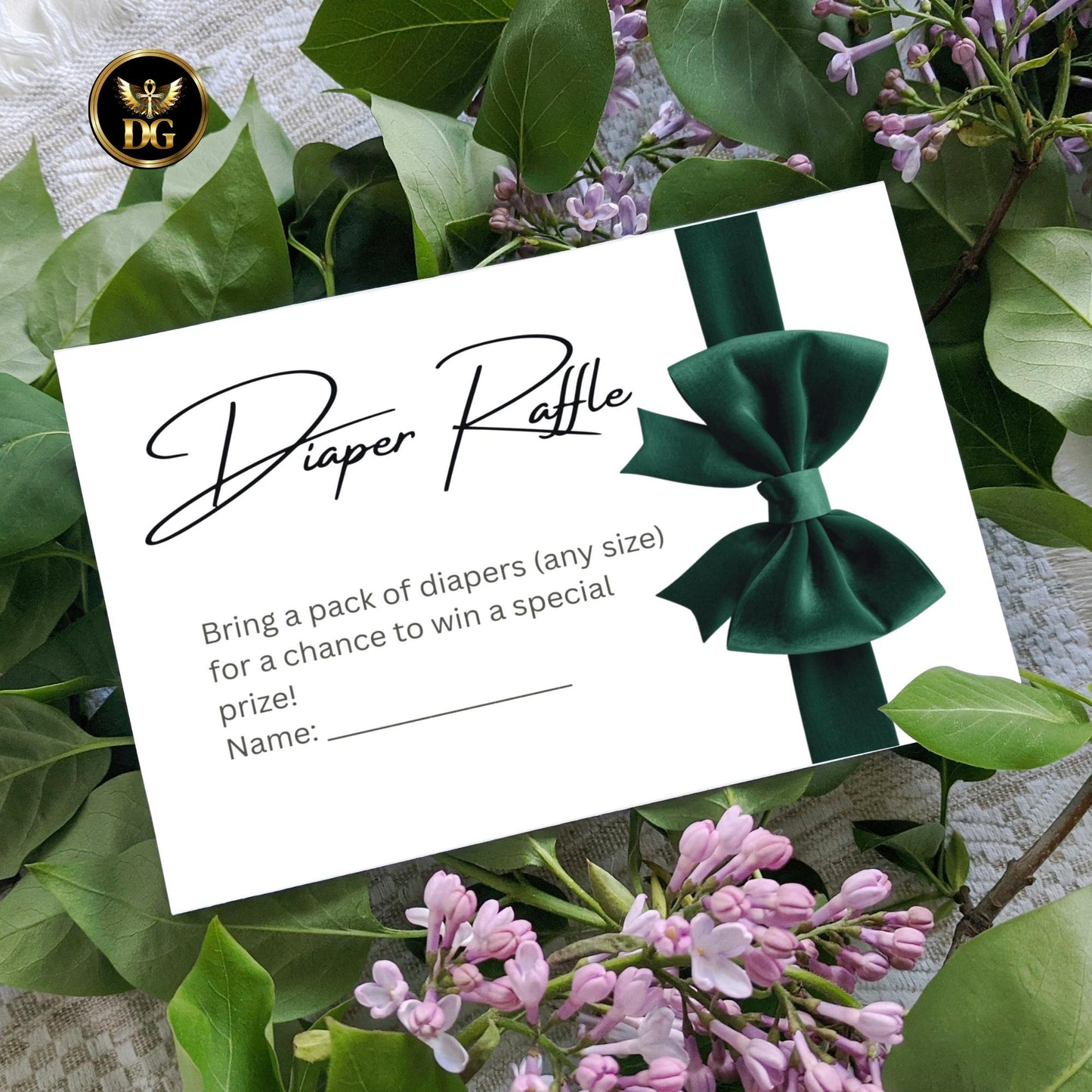 Diaper Reveal Card 3.5x5 | Baby Shower Diaper Raffle Card | White Background Green Velvet Bow | Printable Baby Shower Game