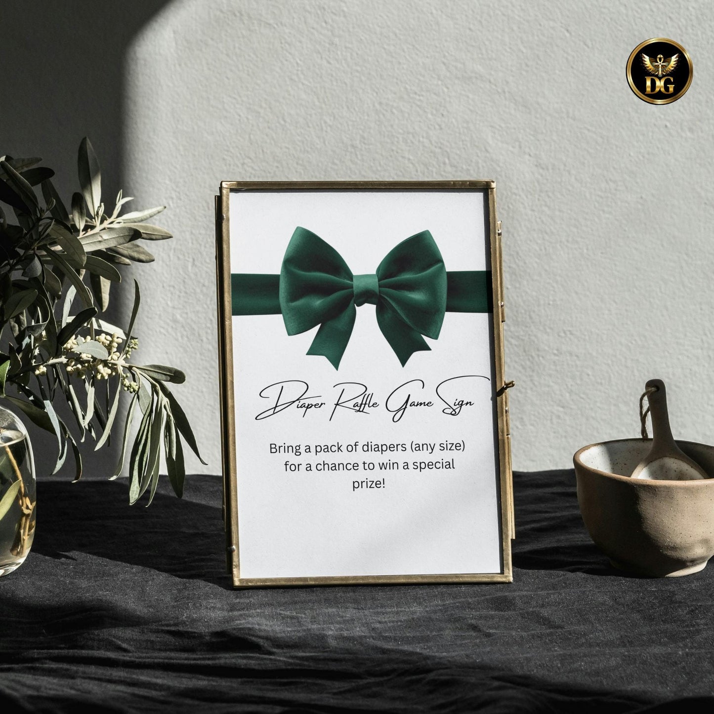 Diaper Reveal Sign 8x10 | Baby Shower Diaper Raffle Game | White Background Green Velvet Bow | Printable Baby Shower Game