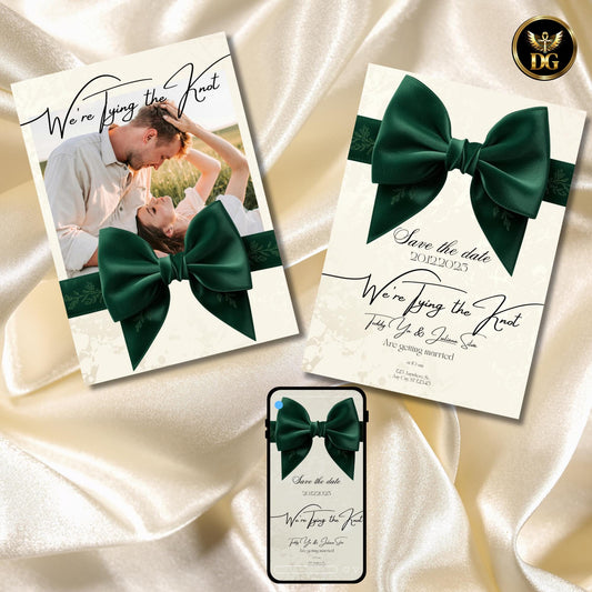 Luxury Emerald Velvet Bow Save the Date with Photo Template | Canva Editable | Digital & Print | Cream Gold