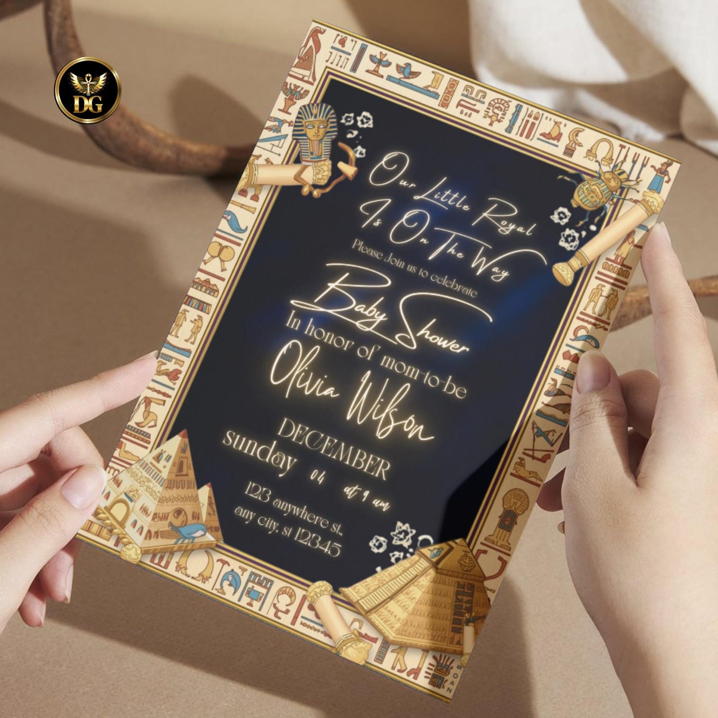 A Little Royal Is On The Way | Egyptian Baby Shower Invitation | Navy Velvet & Beige Frame | Editable Canva Template