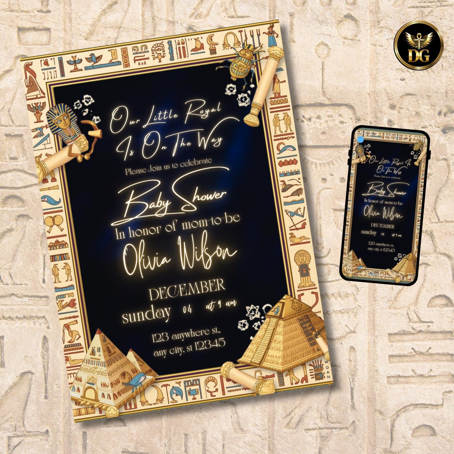 A Little Royal Is On The Way | Egyptian Baby Shower Invitation | Navy Velvet & Beige Frame | Editable Canva Template