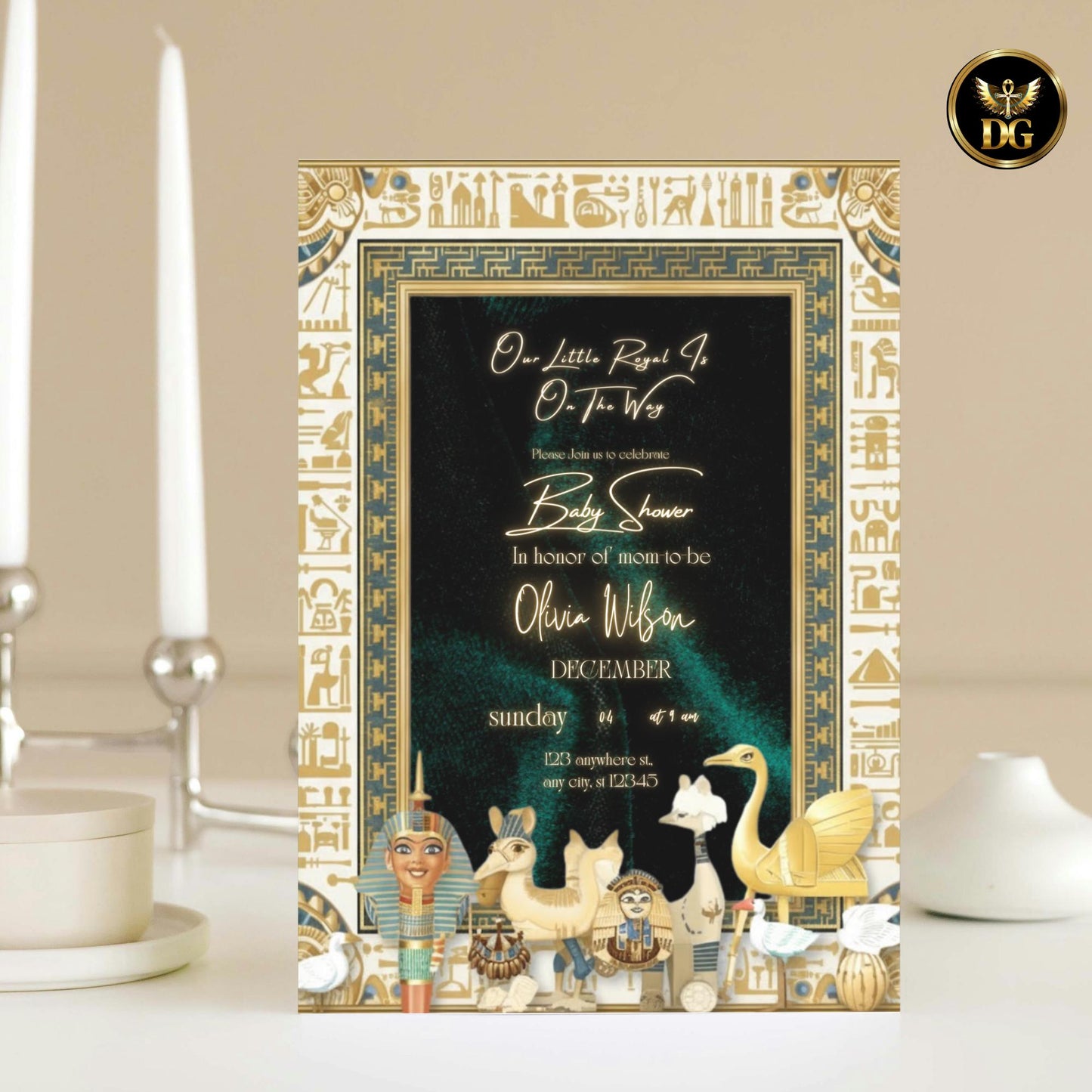 Royal Pharaoh Baby Shower Invitation | Emerald Green Velvet, Gold & White Egyptian Theme | Editable Canva Template for Digital or Print
