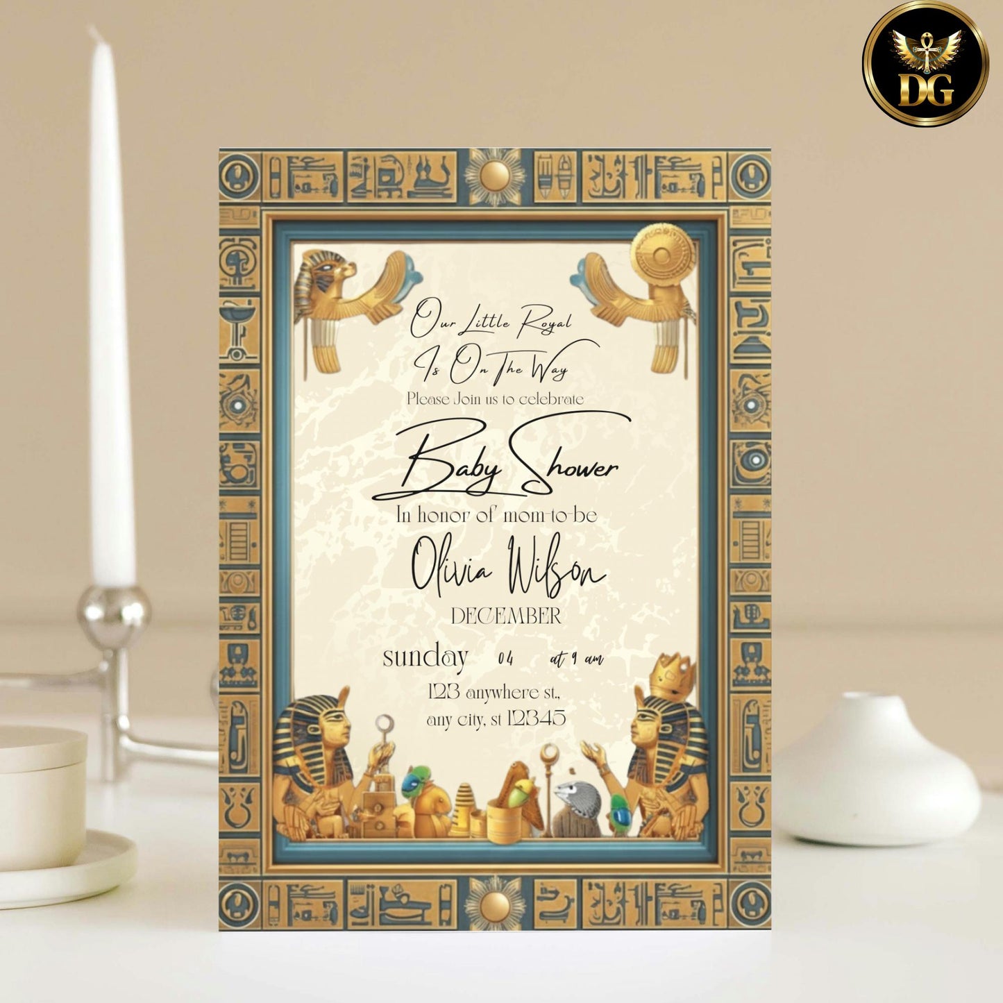 Egyptian Baby Shower Invite | Cream Gold Background & Brown Frame | Elegant Pharaoh Baby Party Editable Canva Template