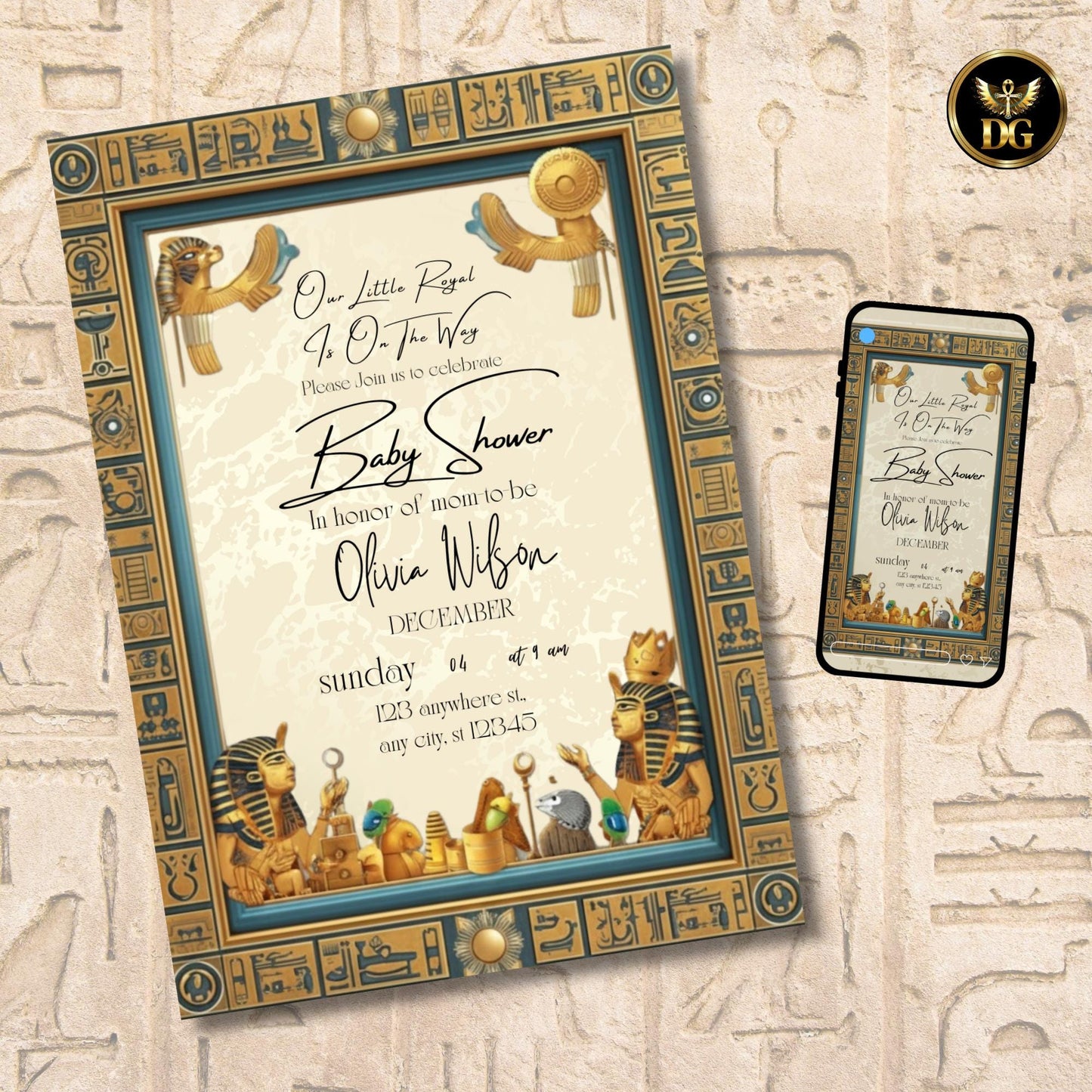 Egyptian Baby Shower Invite | Cream Gold Background & Brown Frame | Elegant Pharaoh Baby Party Editable Canva Template