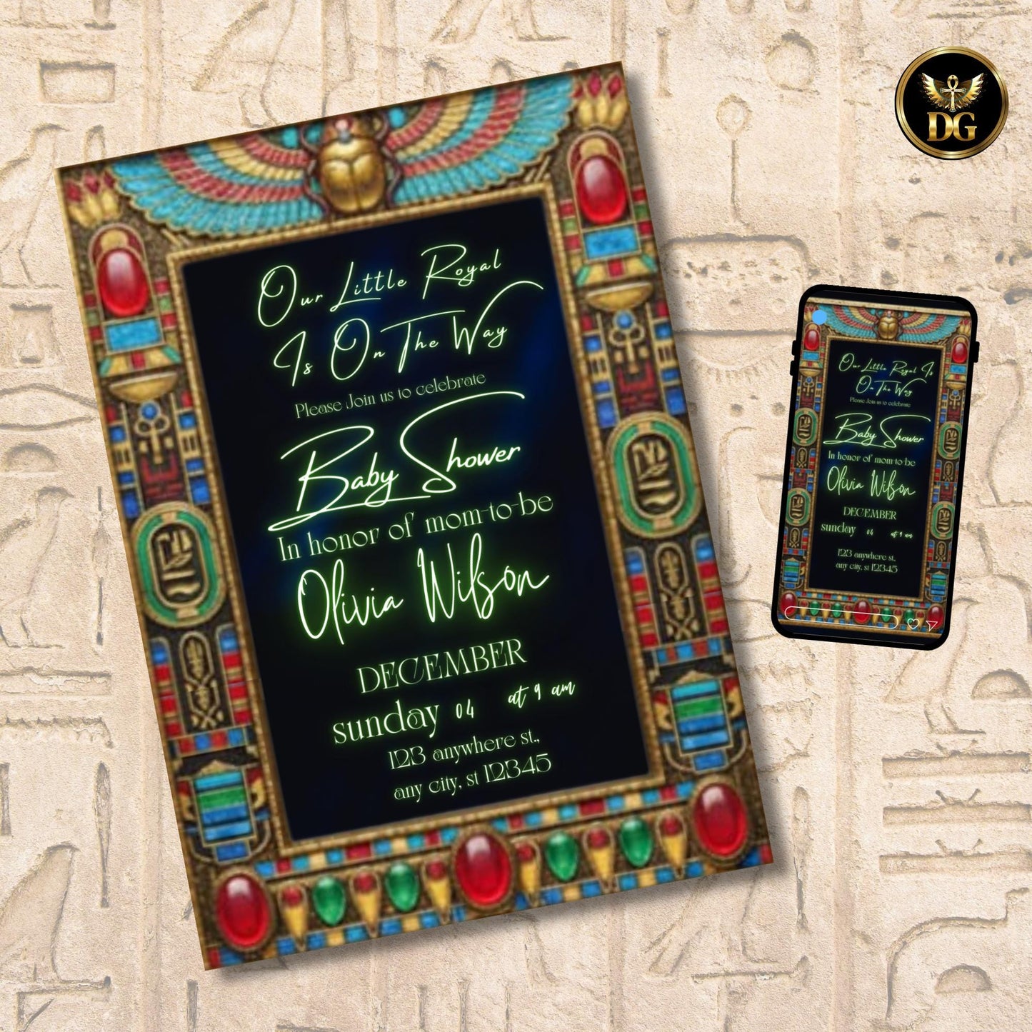 Egyptian Baby Shower Invitation | Navy Blue Velvet, Jewel Frame, Golden Scarab with Turquoise Wings | Editable Canva Template