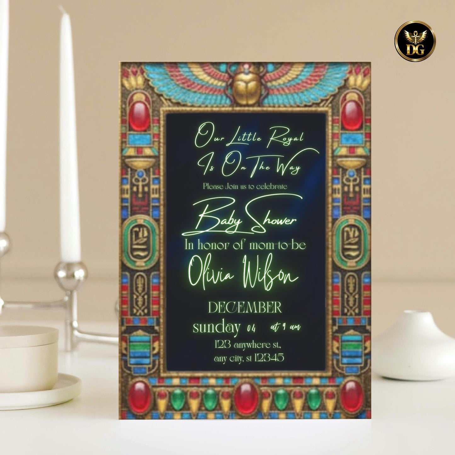 Egyptian Baby Shower Invitation | Navy Blue Velvet, Jewel Frame, Golden Scarab with Turquoise Wings | Editable Canva Template