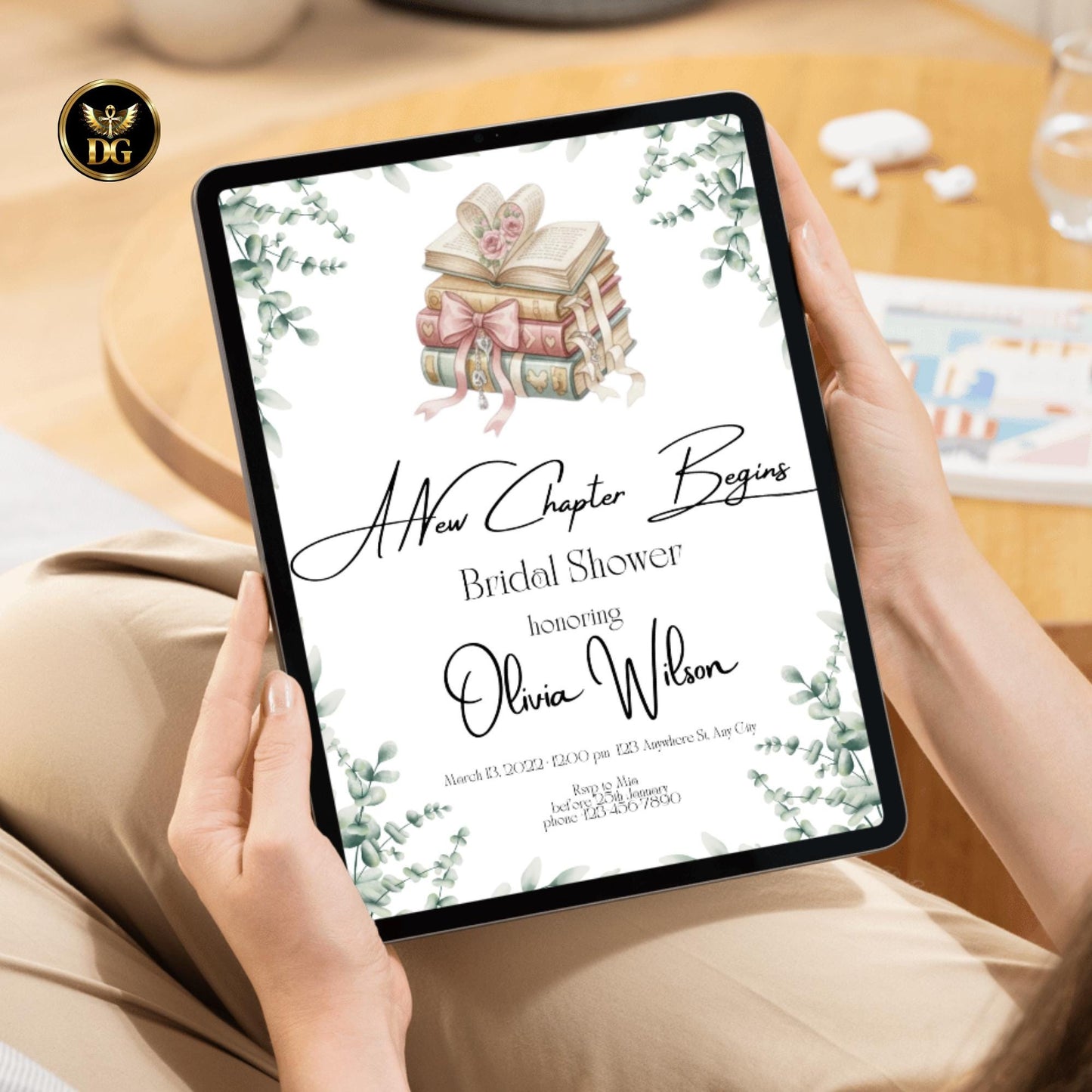 A New Chapter Begins Bridal Shower Invitation - Botanical Heart & Open Book Design - 5x7 Print | Digital Download