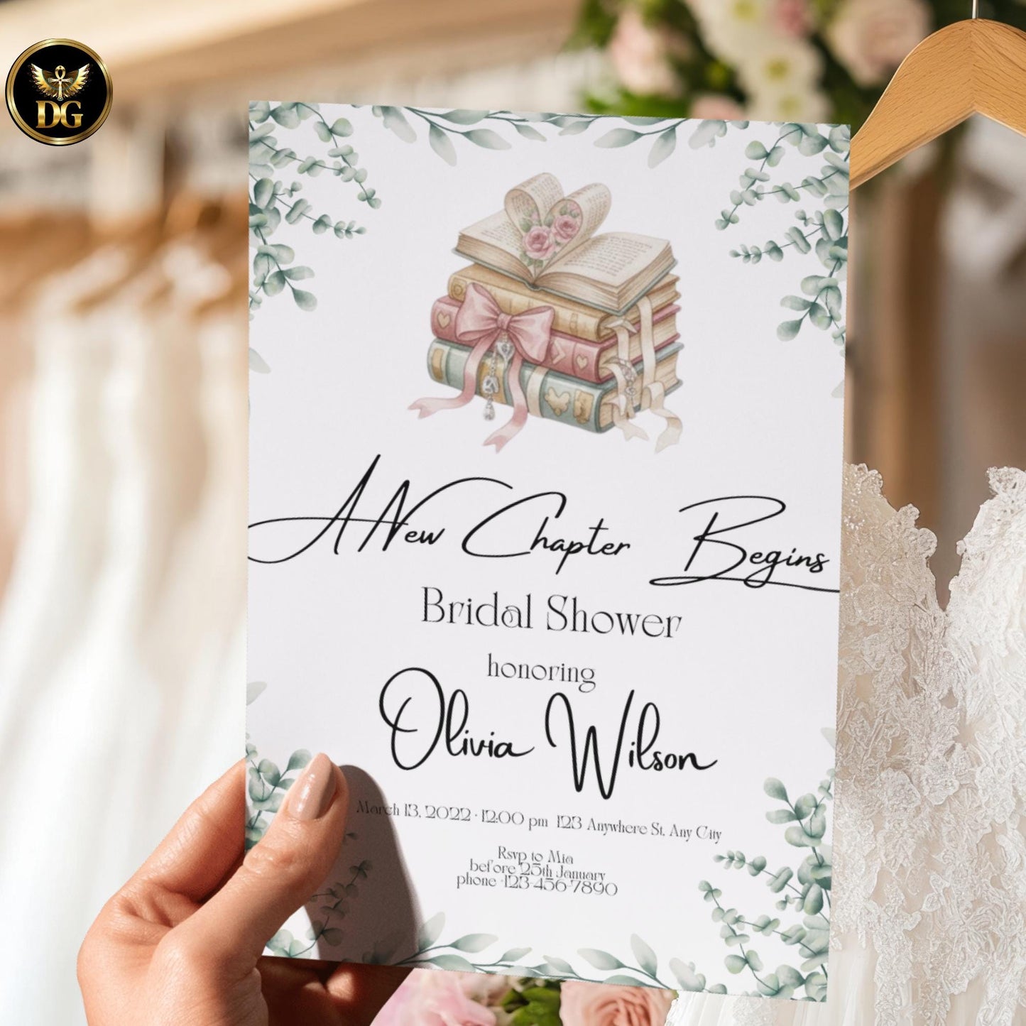 A New Chapter Begins Bridal Shower Invitation - Botanical Heart & Open Book Design - 5x7 Print | Digital Download