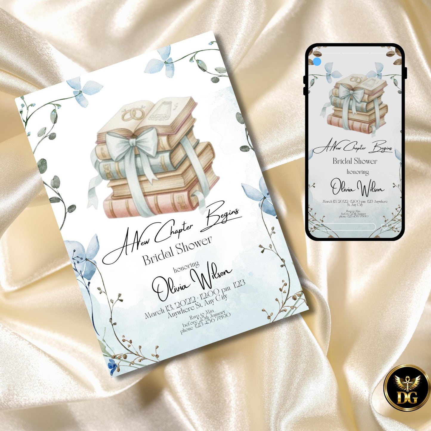 A New Chapter Begins Bridal Shower Invitation, Baby Blue Book Lover Bridal Shower, Literary Romantic Printable Invite 5x7