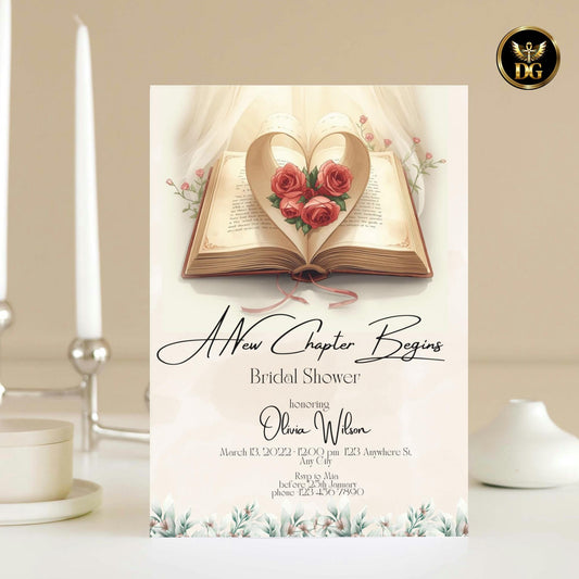 A New Chapter Begins Bridal Shower Invitation, Vintage Book Invite, Beige Watercolor, Red Rose Literary Bridal Shower