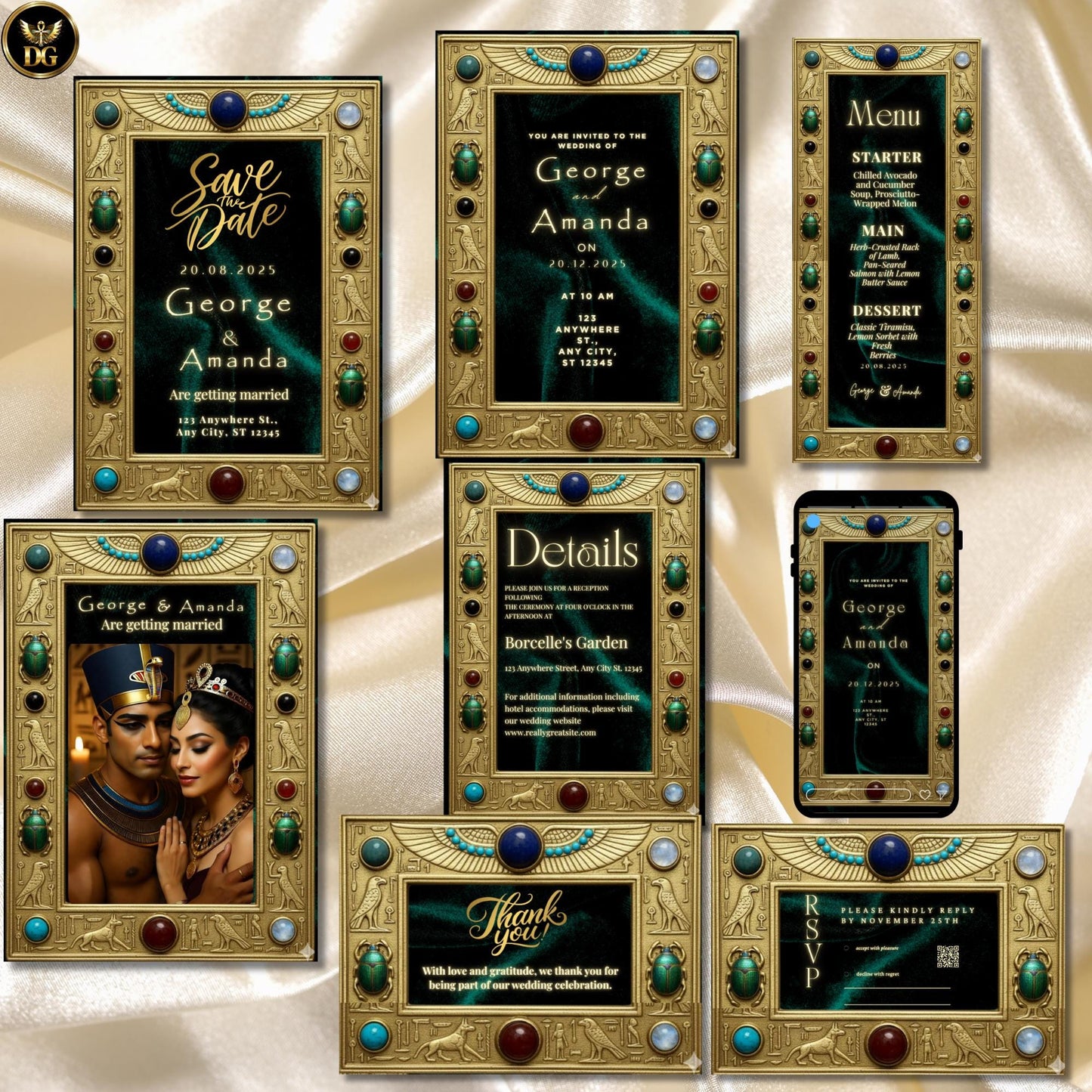 Emerald Egyptian Velvet Invitation Suite – Vintage Pharaonic Frame & Jewel-Adorned Royal Wedding Template