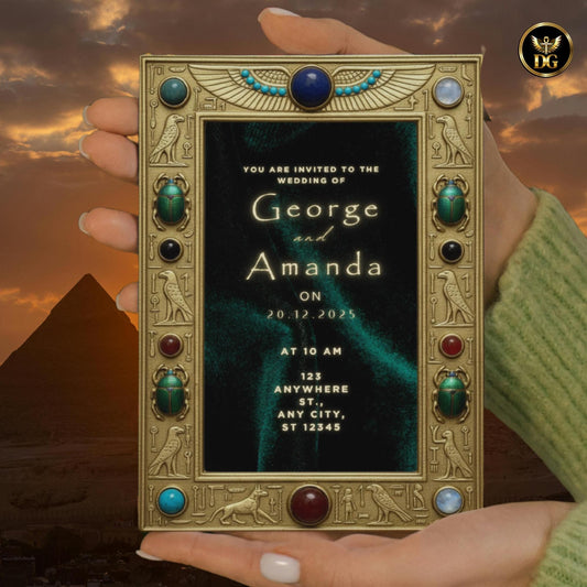 Emerald Egyptian Velvet Invitation Suite – Vintage Pharaonic Frame & Jewel-Adorned Royal Wedding Template