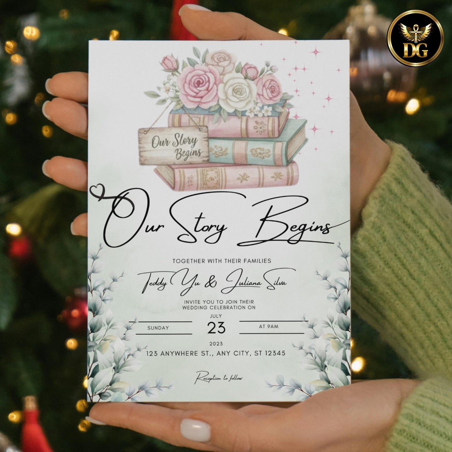 Our Story Begins Wedding Invitation Template – Watercolor Green Leaves, Pink Roses & Books, Editable Canva Digital Download