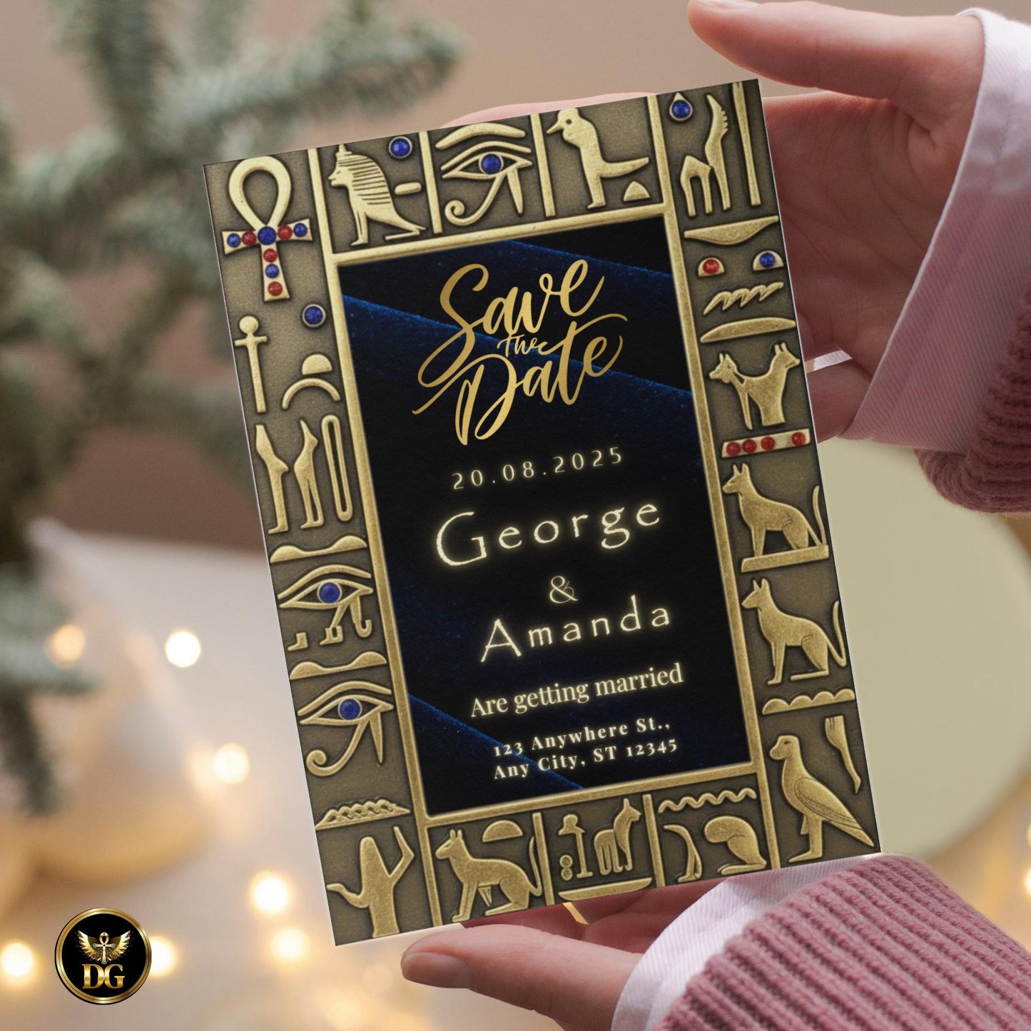 The Sapphire Majesty – Luxurious Navy Velvet & Vintage Gold Egyptian Wedding Bandal Invitation Suite