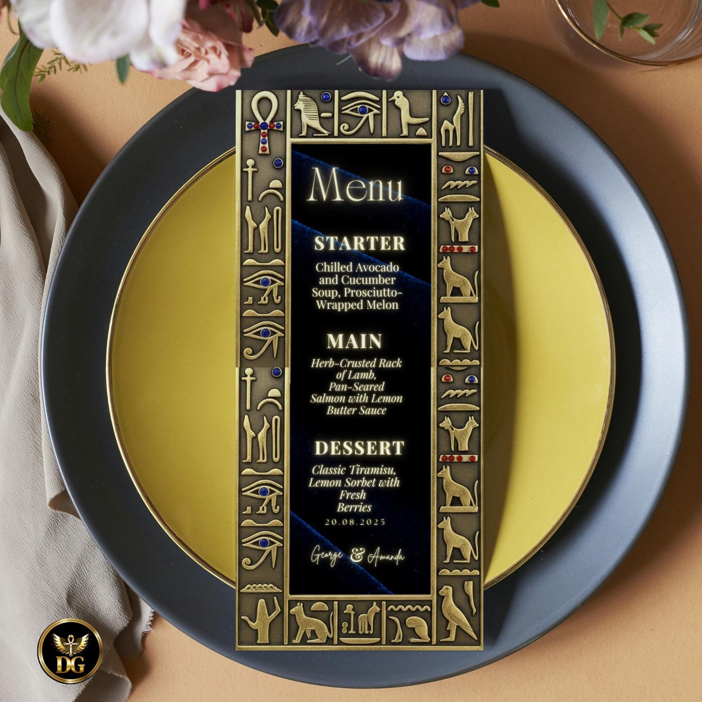 The Sapphire Majesty – Luxurious Navy Velvet & Vintage Gold Egyptian Wedding Bandal Invitation Suite