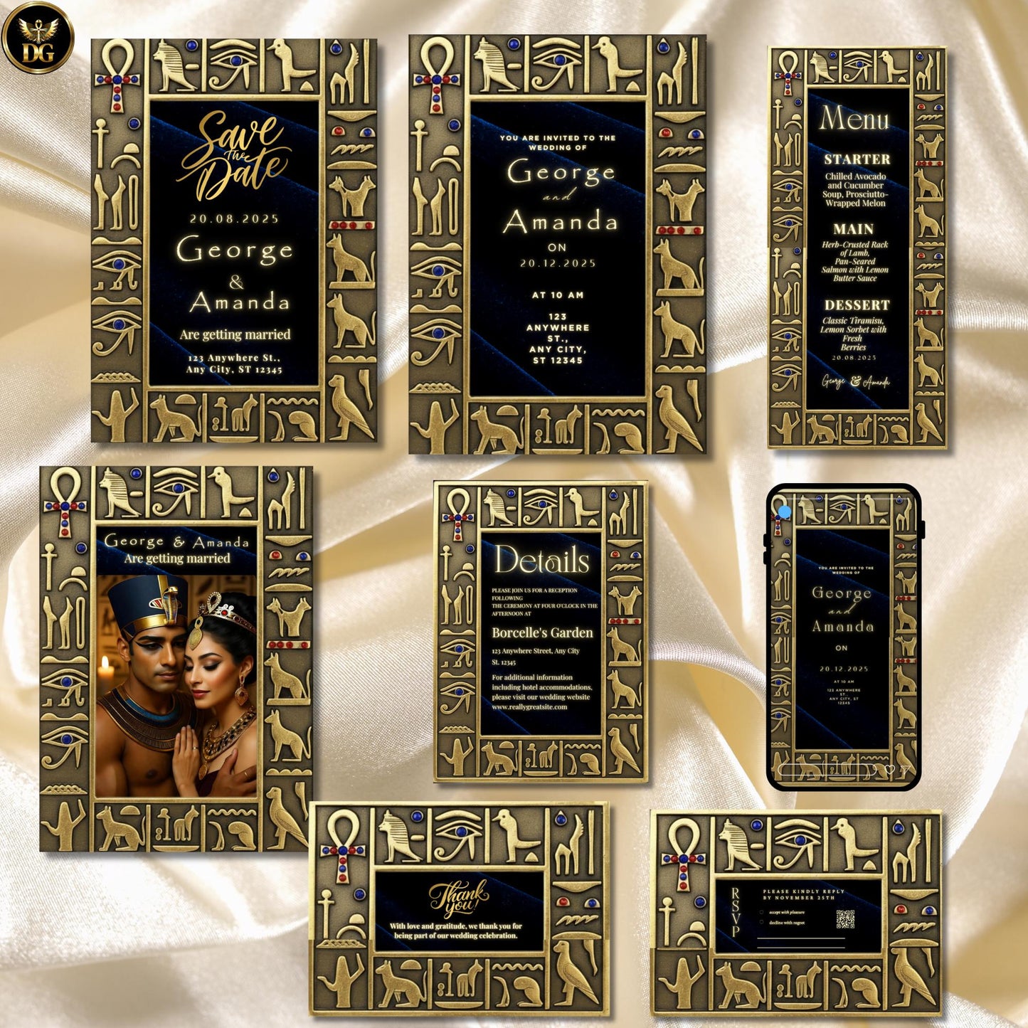 The Sapphire Majesty – Luxurious Navy Velvet & Vintage Gold Egyptian Wedding Bandal Invitation Suite