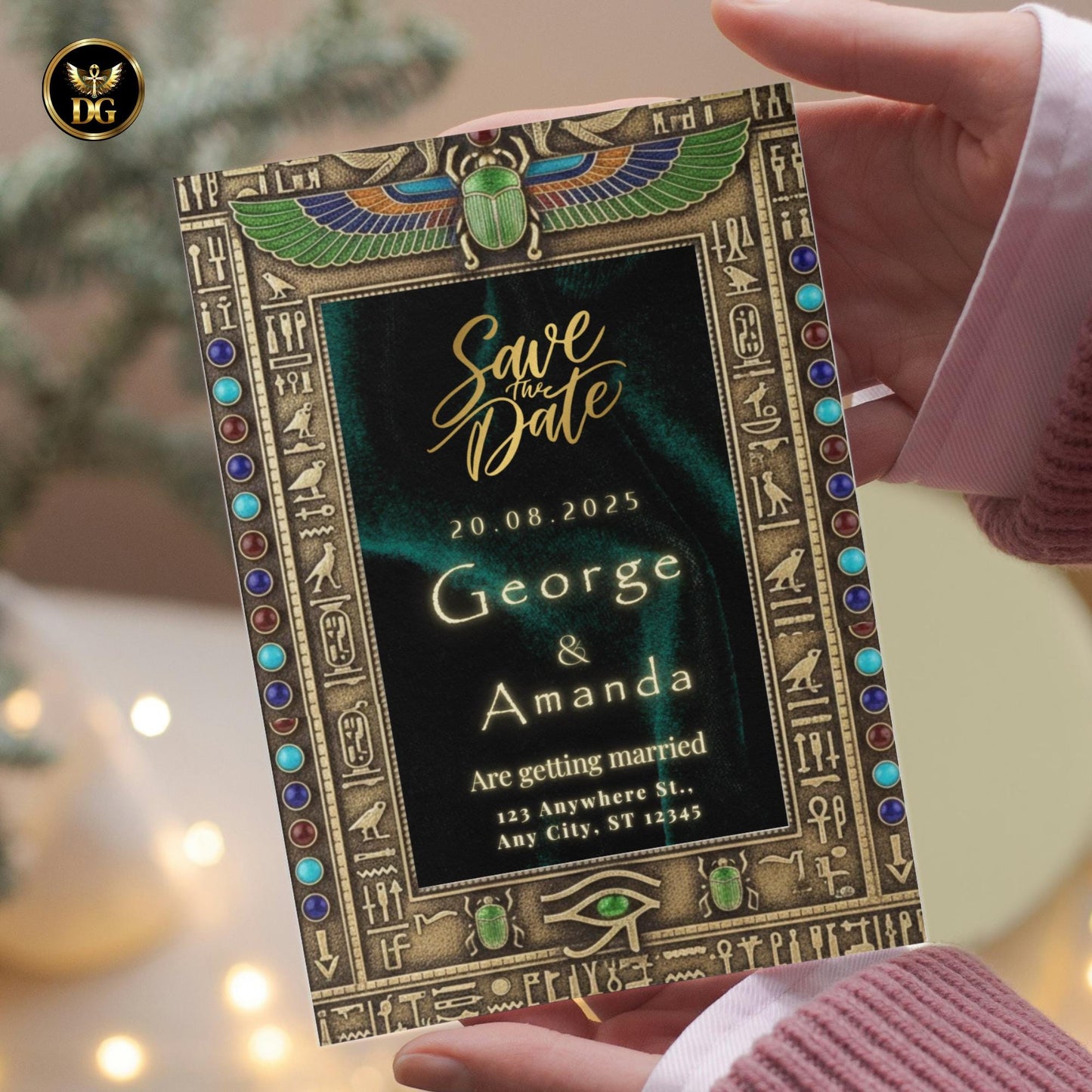 The Emerald Dynasty – Luxurious Emerald Velvet & Gold Egyptian Wedding Bandal Invitation Suite