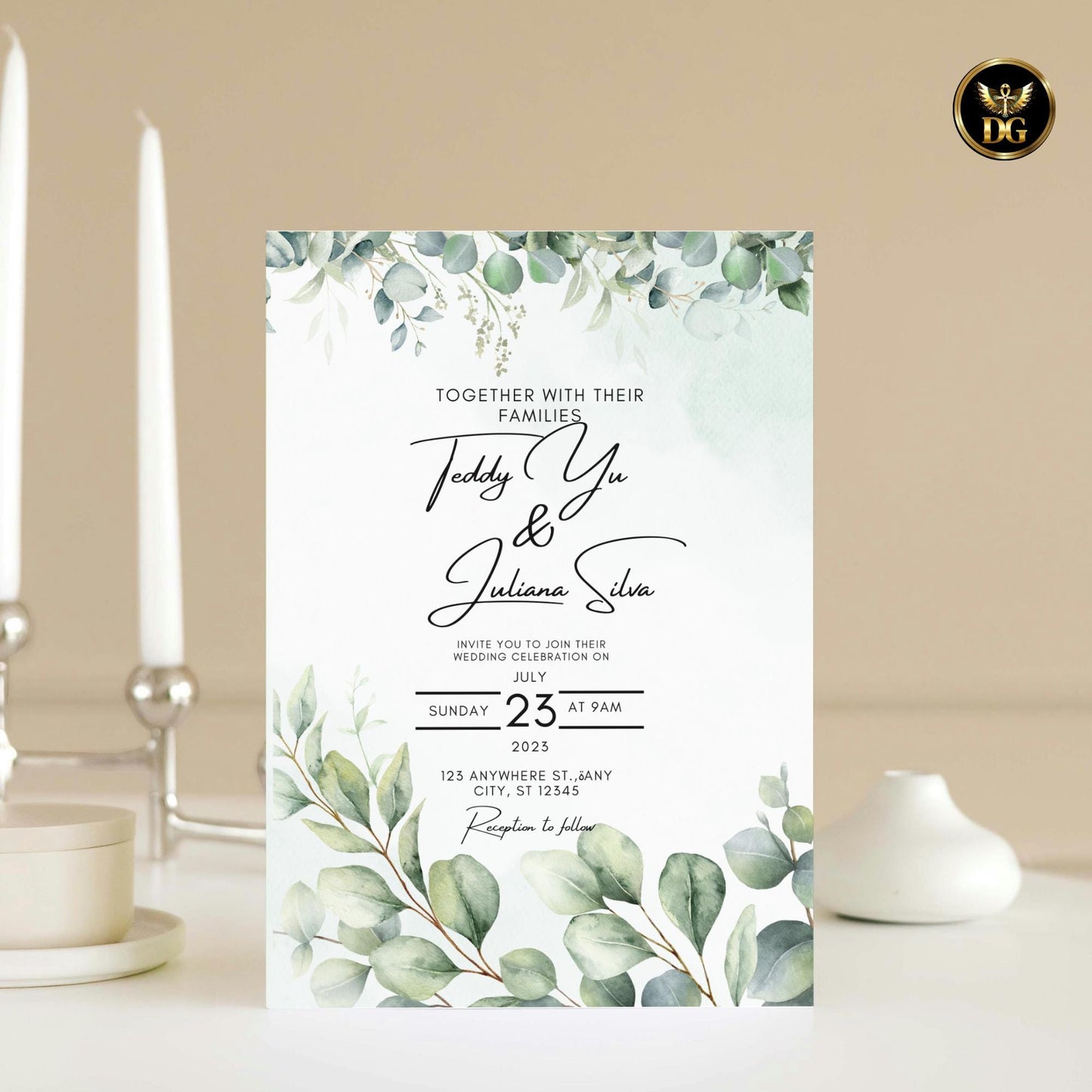 Light Green Wedding Invitation Template, Leafy Branches Editable Canva Suite, Boho Elegant Printable Invite