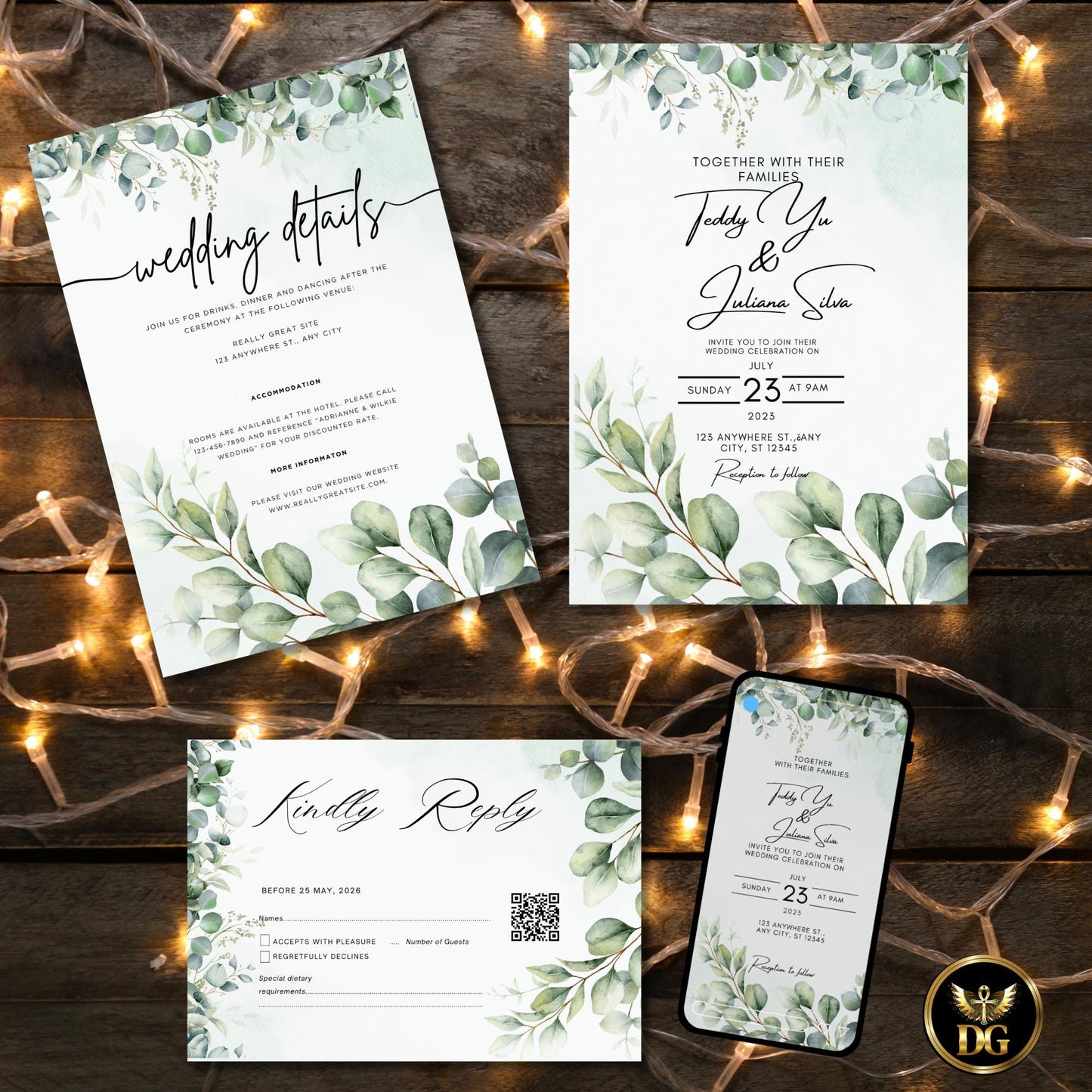 Light Green Wedding Invitation Template, Leafy Branches Editable Canva Suite, Boho Elegant Printable Invite