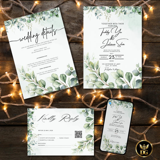 Light Green Wedding Invitation Template, Leafy Branches Editable Canva Suite, Boho Elegant Printable Invite