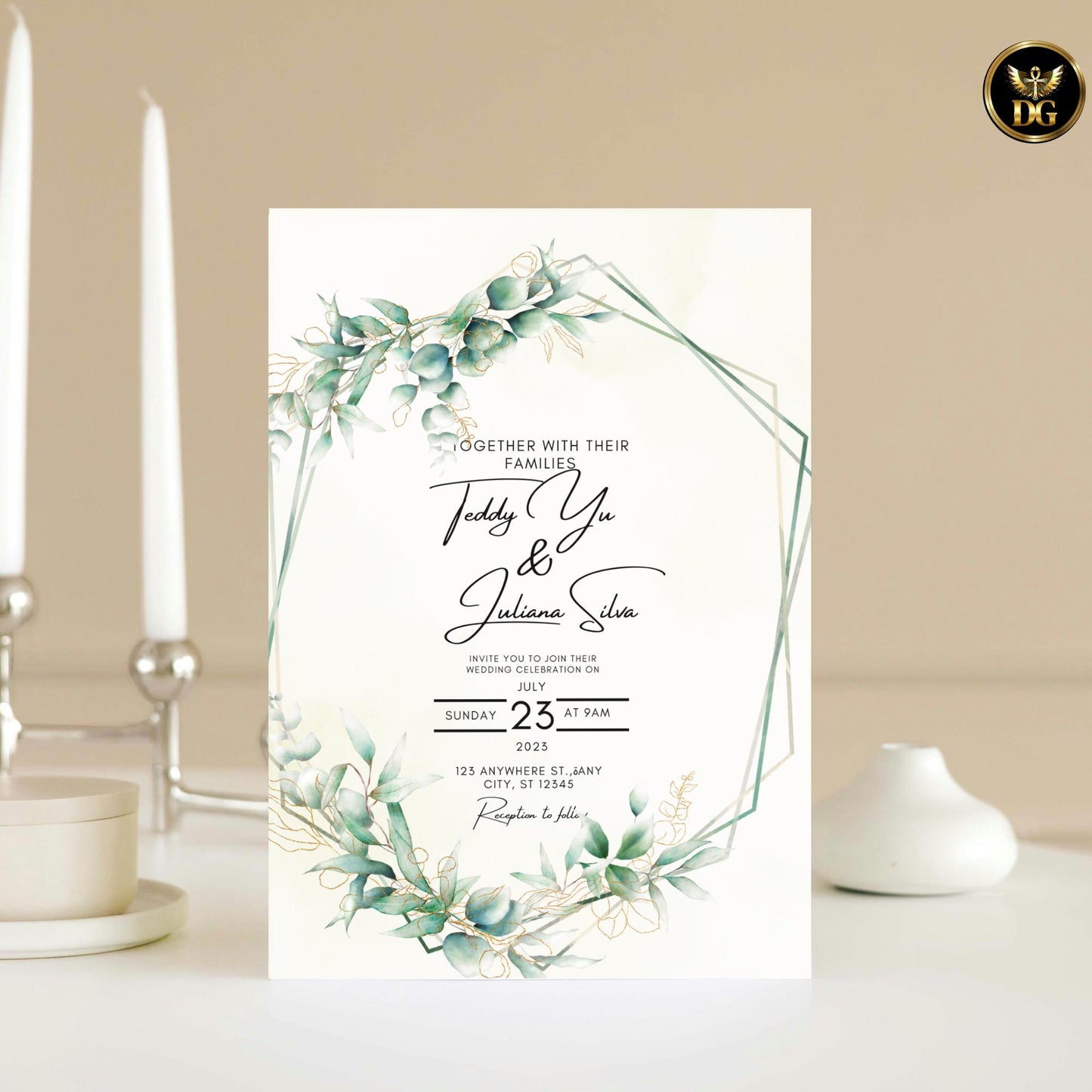 Soft Yellow & Gold Wedding Invitation Template, Botanical Wreath Editable Canva Suite, Elegant Printable Invite