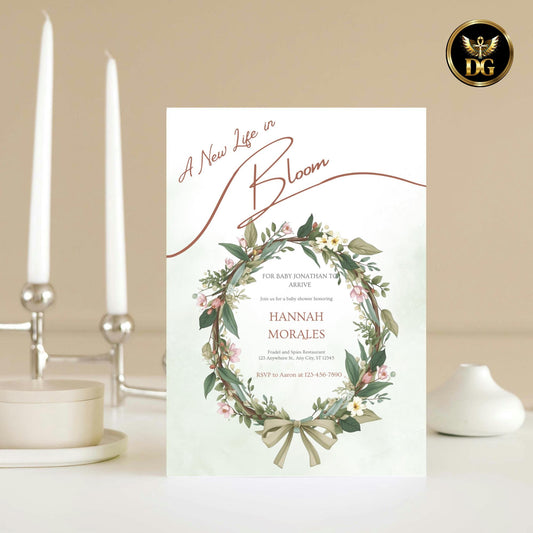 A New Life in Bloom Baby Shower Invitation, Botanical Green Watercolor Invite, Floral Wreath Editable Digital Card