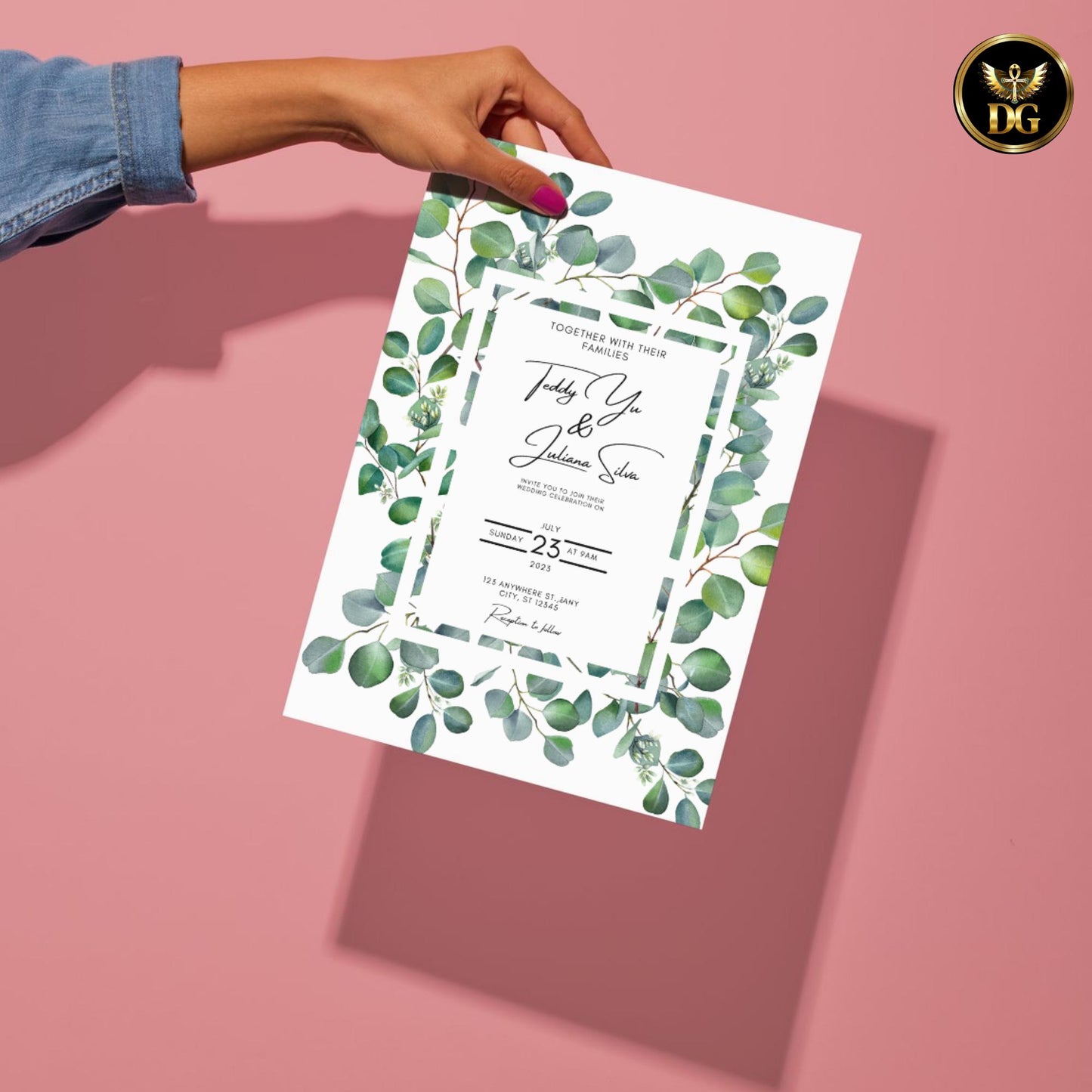 White & Greenery Wedding Invitation Template | Botanical Wedding Invite | Green Wreath Wedding Suite | Editable Canva Minimalist Wedding