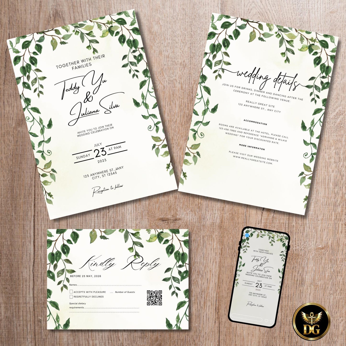 Soft Yellow & Greenery Wedding Invitation Template | Botanical Wedding Invite | Sunlit Botanicals Wedding Suite | Editable Canva Invitation