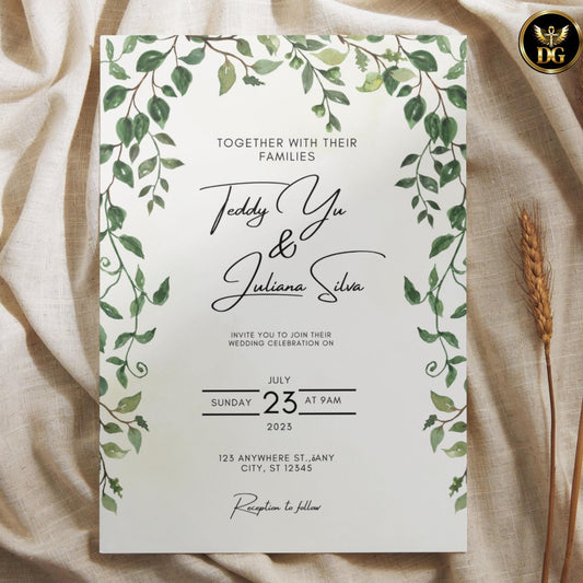 Soft Yellow & Greenery Wedding Invitation Template | Botanical Wedding Invite | Sunlit Botanicals Wedding Suite | Editable Canva Invitation