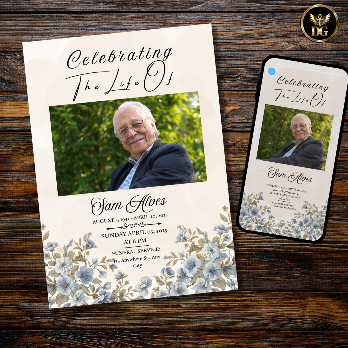 Funeral Invitation Template Beige Watercolor with Baby Blue Flowers Memorial Program Editable Canva Digital Download