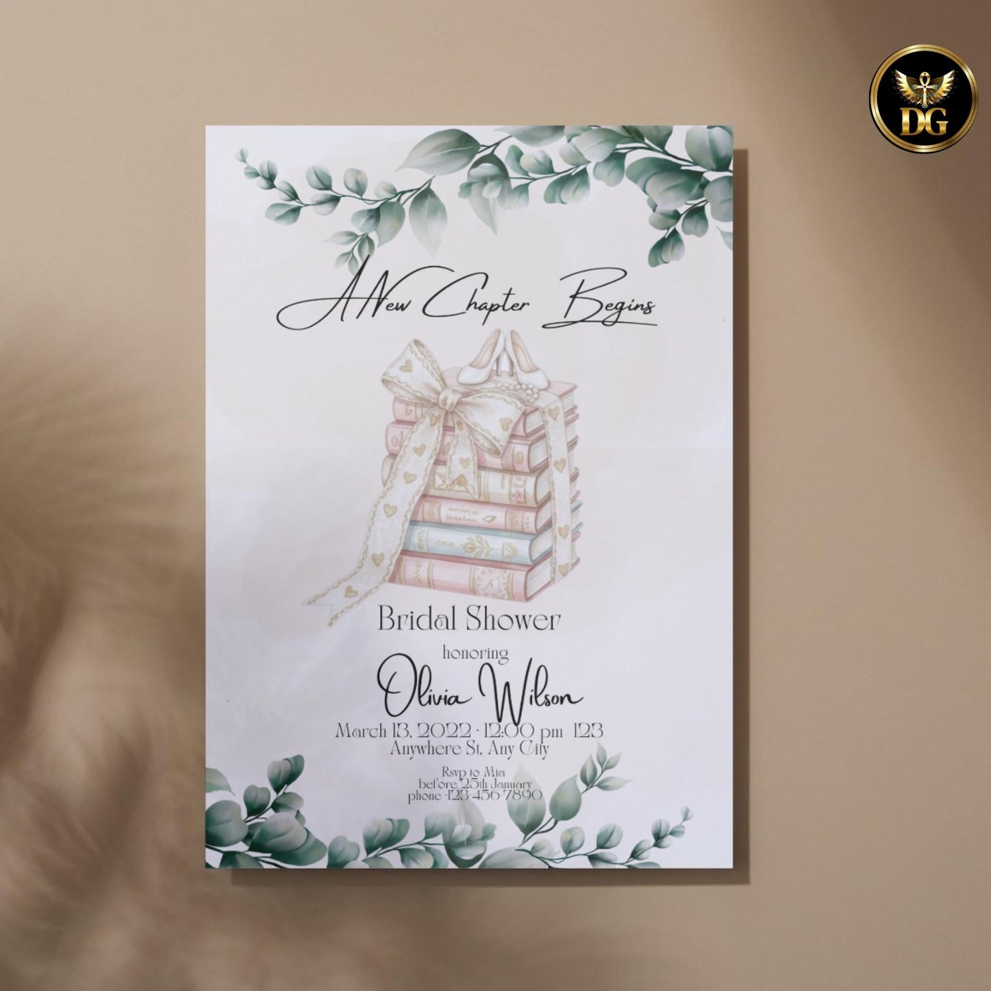 Bridal Shower Invitation Beige Watercolor Books with Ribbon and Bridal Shoes Botanical Elegant Editable Template