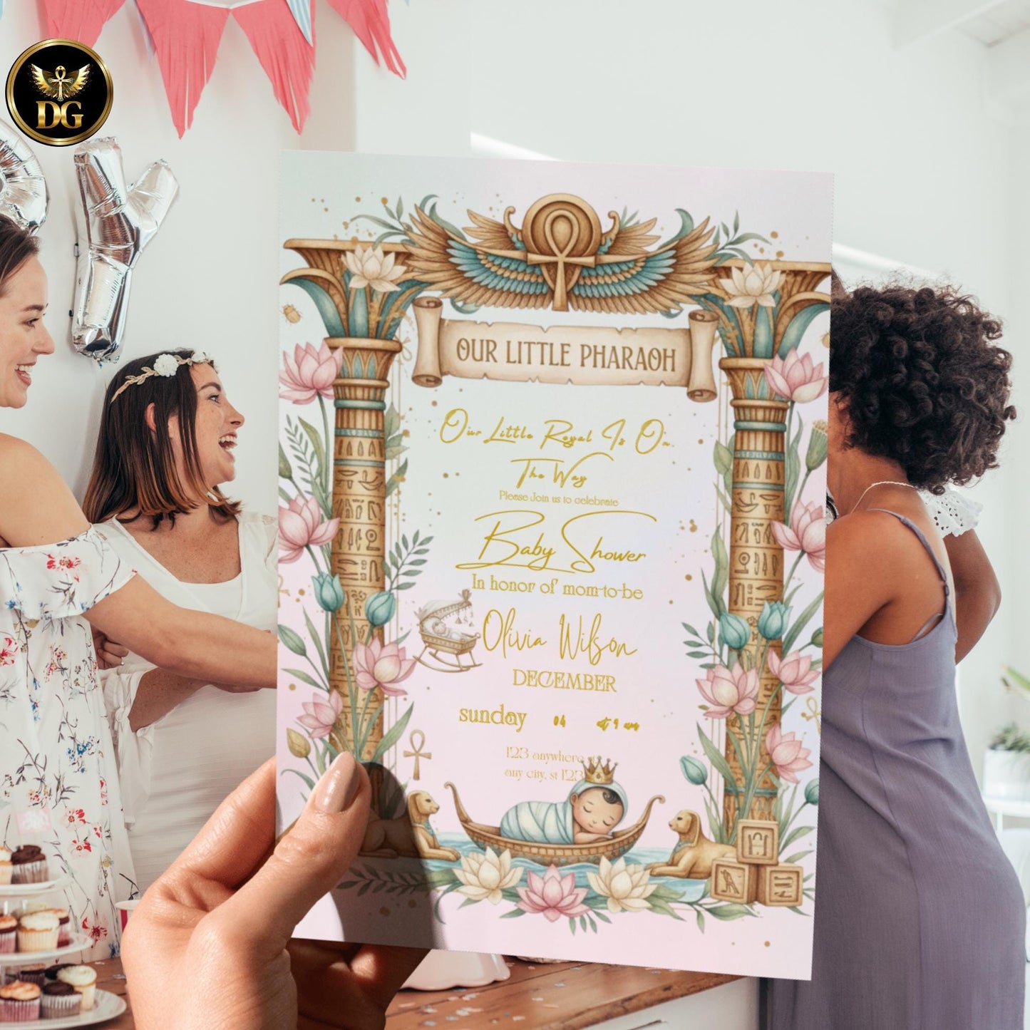 Pastel Egyptian Baby Shower Invitation Set Editable Canva Pharaoh Theme with Diaper Raffle and Books for Baby Digital Download