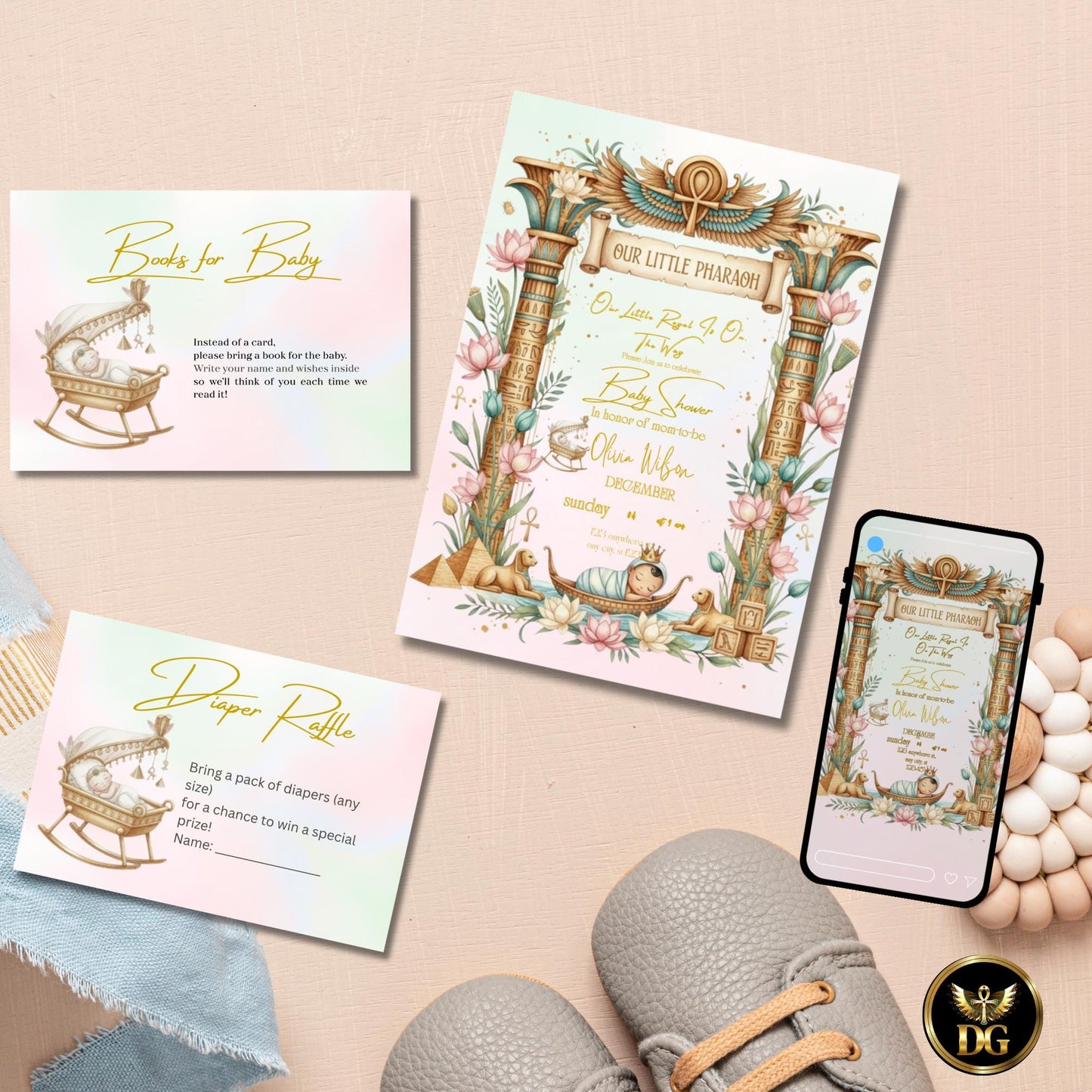 Pastel Egyptian Baby Shower Invitation Set Editable Canva Pharaoh Theme with Diaper Raffle and Books for Baby Digital Download