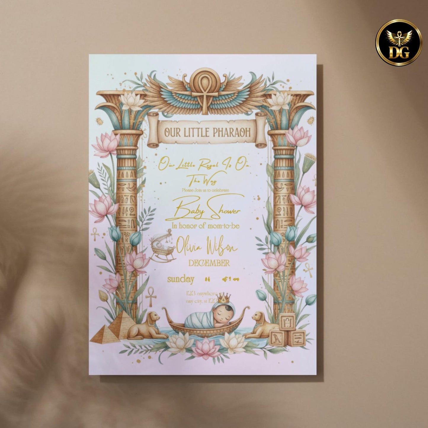 Pastel Egyptian Baby Shower Invitation Set Editable Canva Pharaoh Theme with Diaper Raffle and Books for Baby Digital Download
