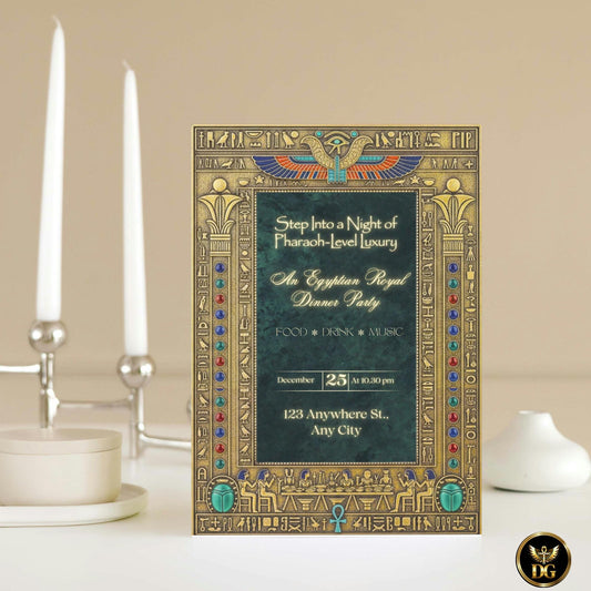 Emerald Velvet & Vintage Gold Egyptian-Themed Invitation Suite for Luxury Dinner Parties and Royal Event Celebrations