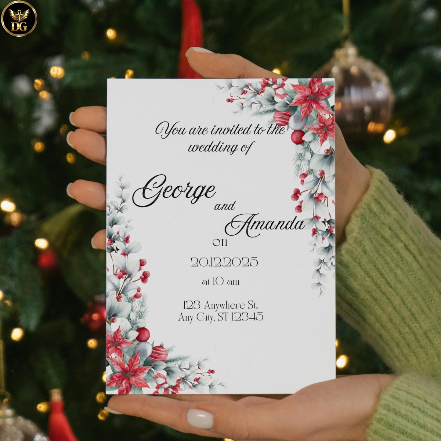 Christmas Floral Wedding Invitation Suite with Clean White Background & Festive Winter Border – Editable Holiday Printable Bundle