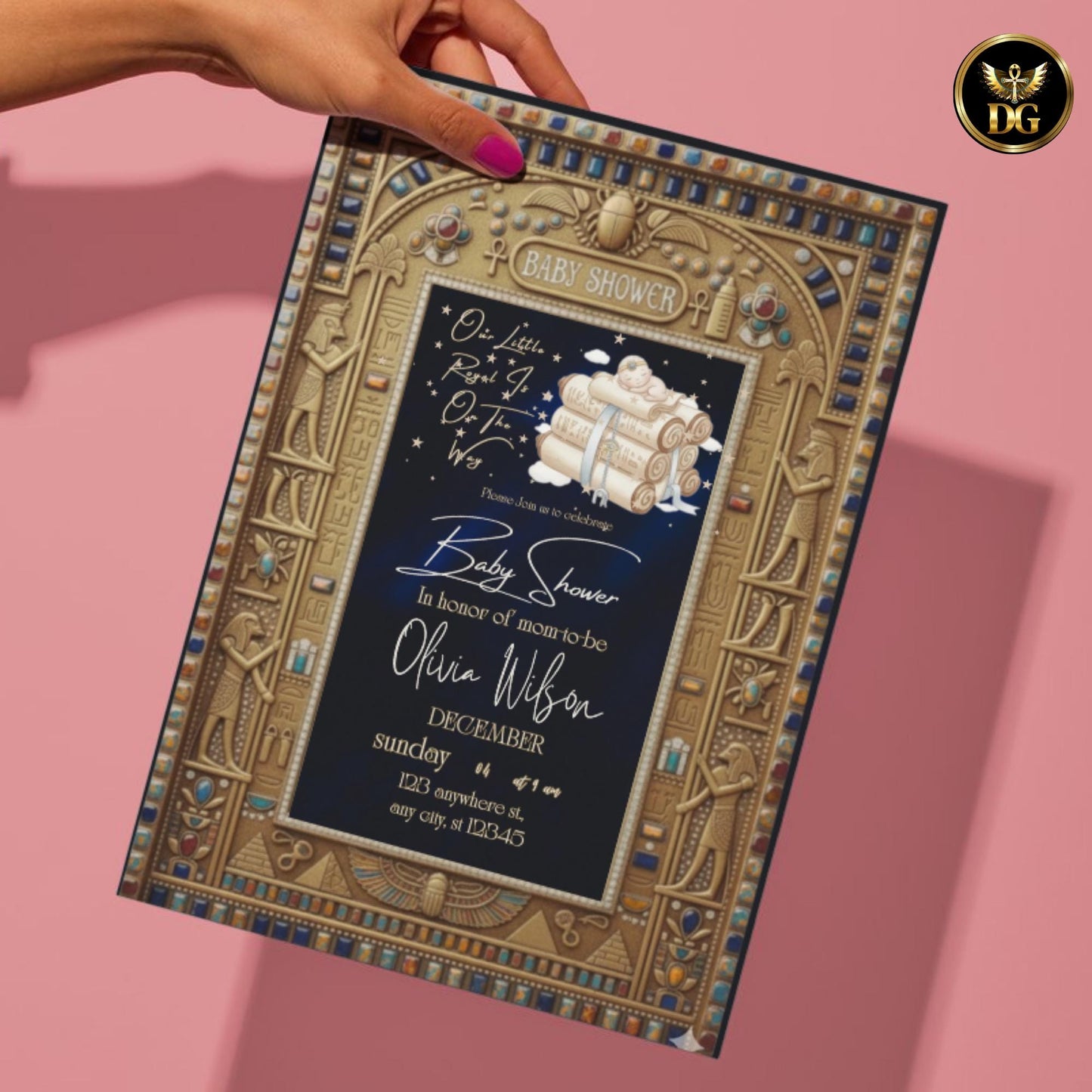 Egyptian Baby Shower Bundle Editable Canva Royal Pharaoh Invitation with Diaper Raffle and Books for Baby Luxury Digital Set