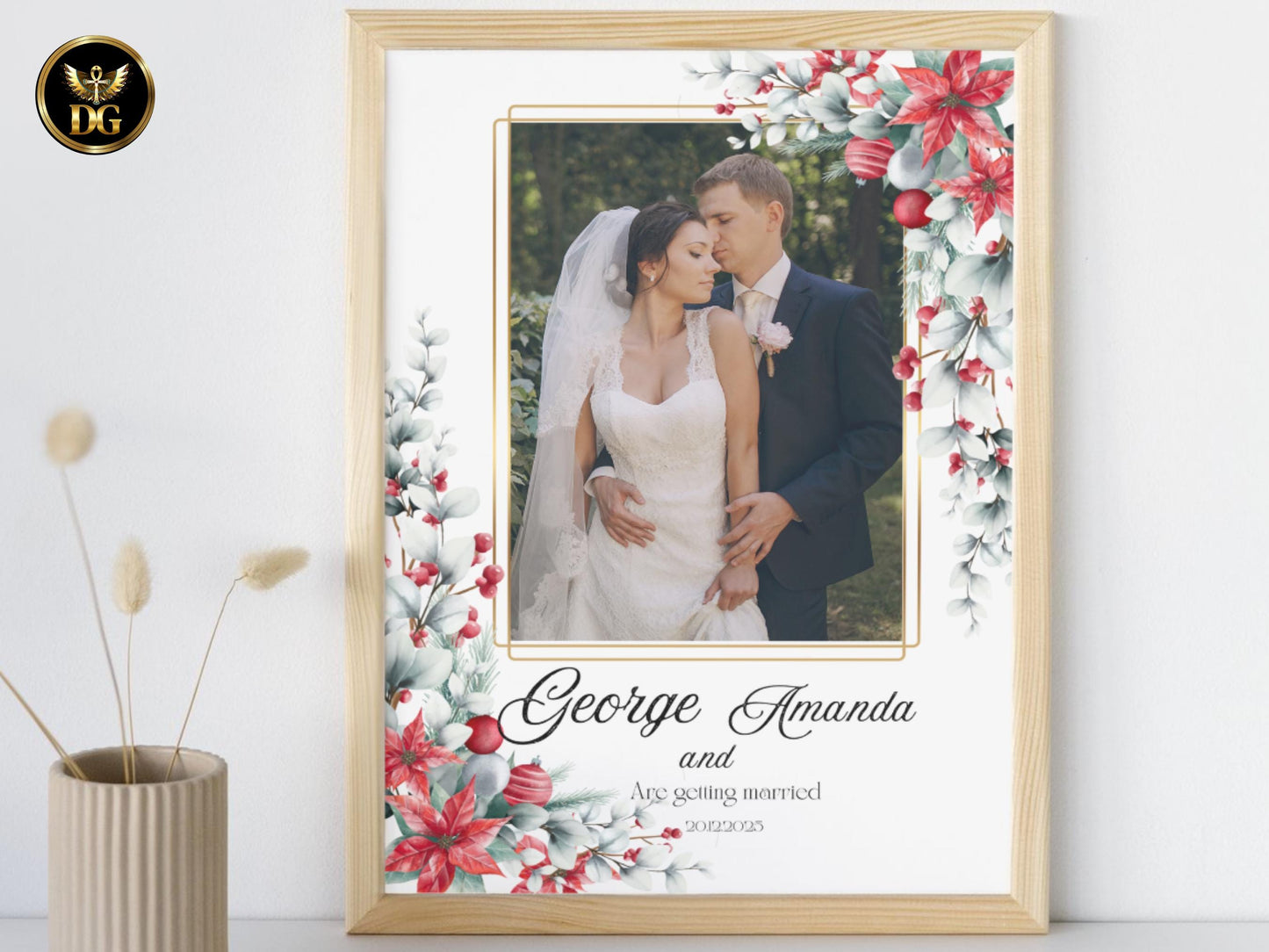 Christmas Floral Wedding Invitation Suite with Clean White Background & Festive Winter Border – Editable Holiday Printable Bundle