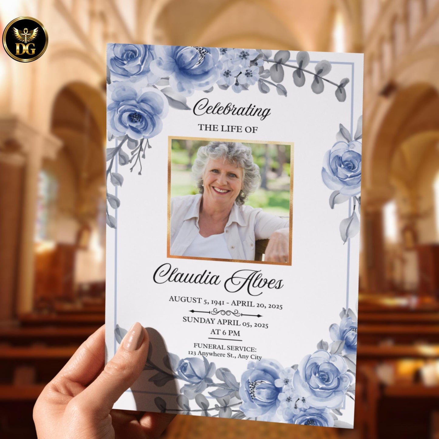 Funeral Invitation & Program Template | Soft Blue Floral Frame | Printable  Digital Memorial Set | Editable Canva