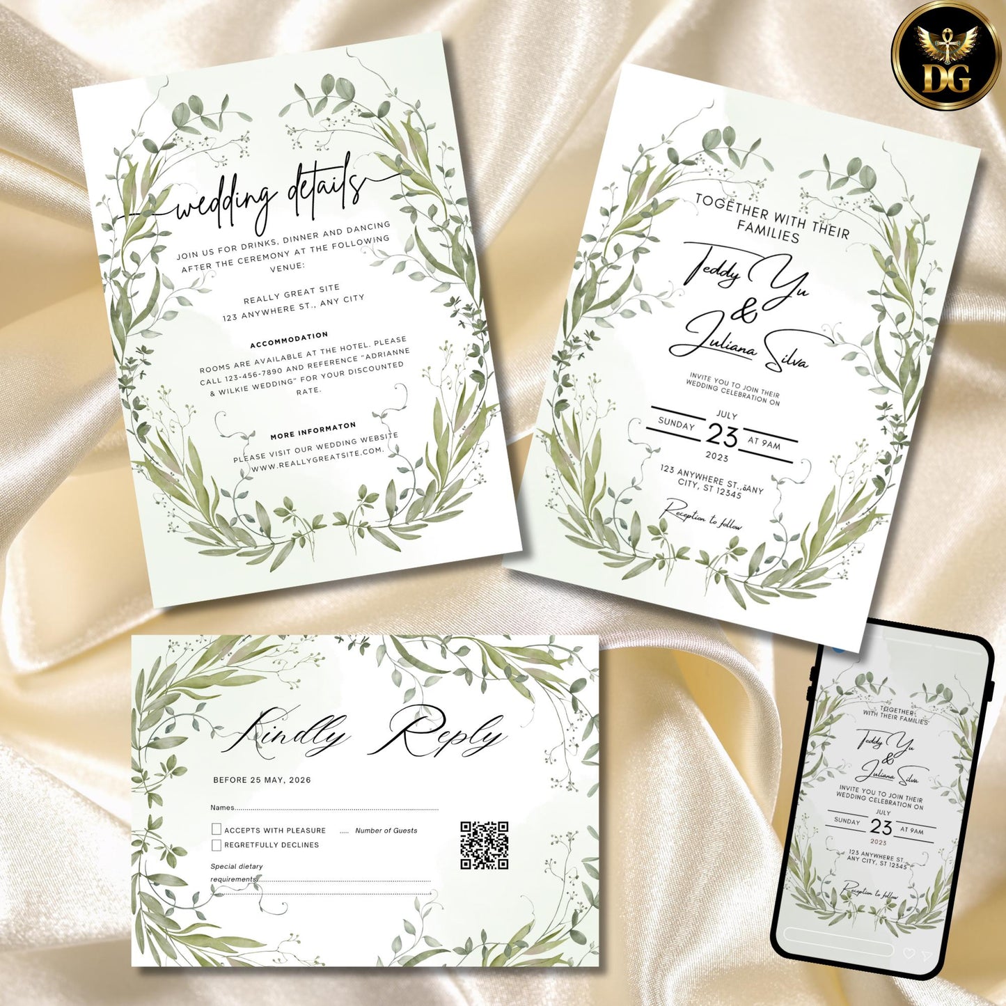 Olive Green Watercolor Wedding Invitation with Olive Leaf Wreath – Editable Canva Template for Elegant Botanical Weddings